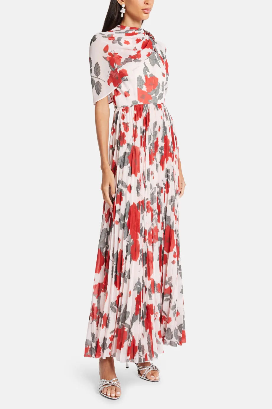 Floral Pleated Cape Maxi Dress