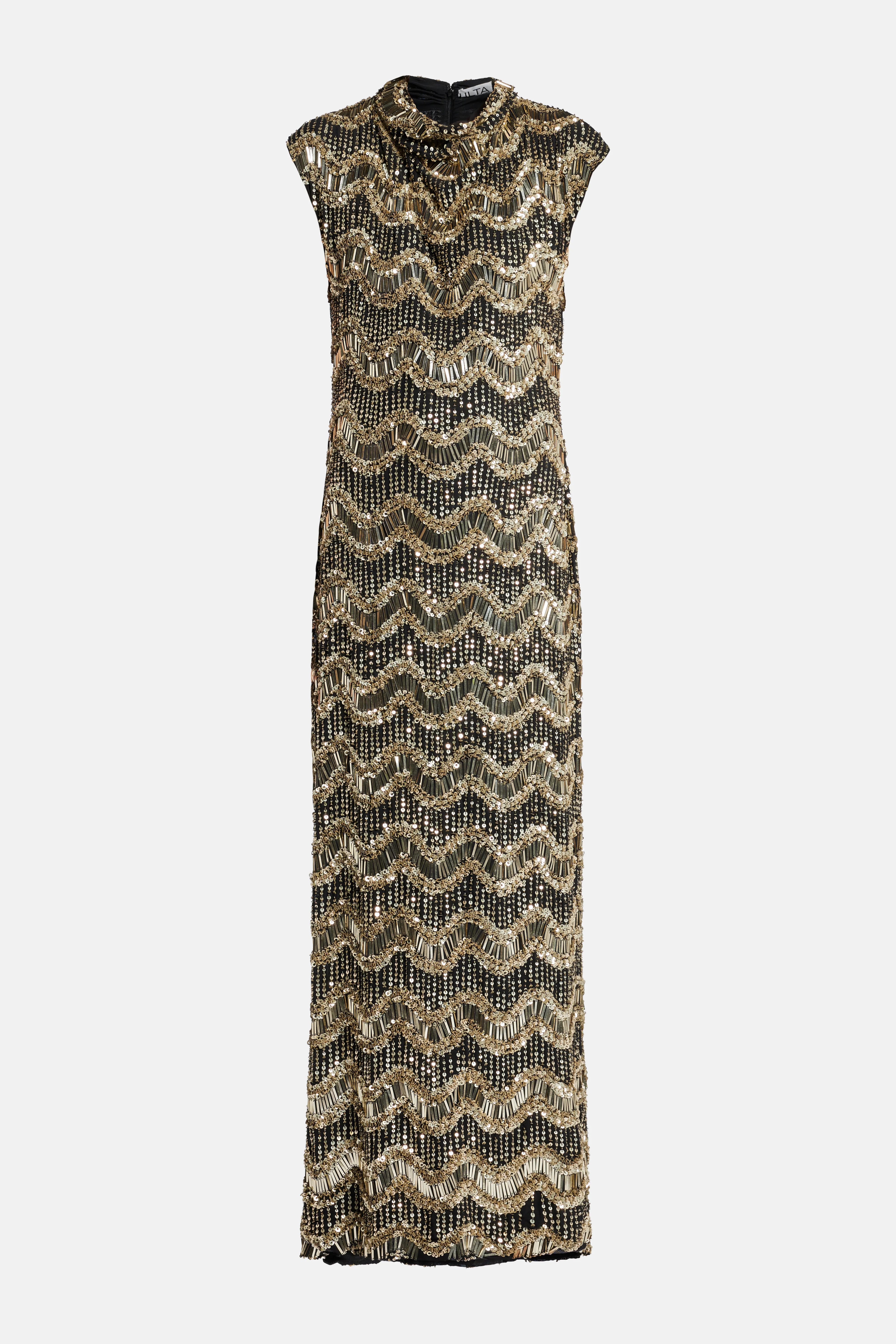 Apolline Cap Sleeve Embellished Evening Dress in Black/ Gold