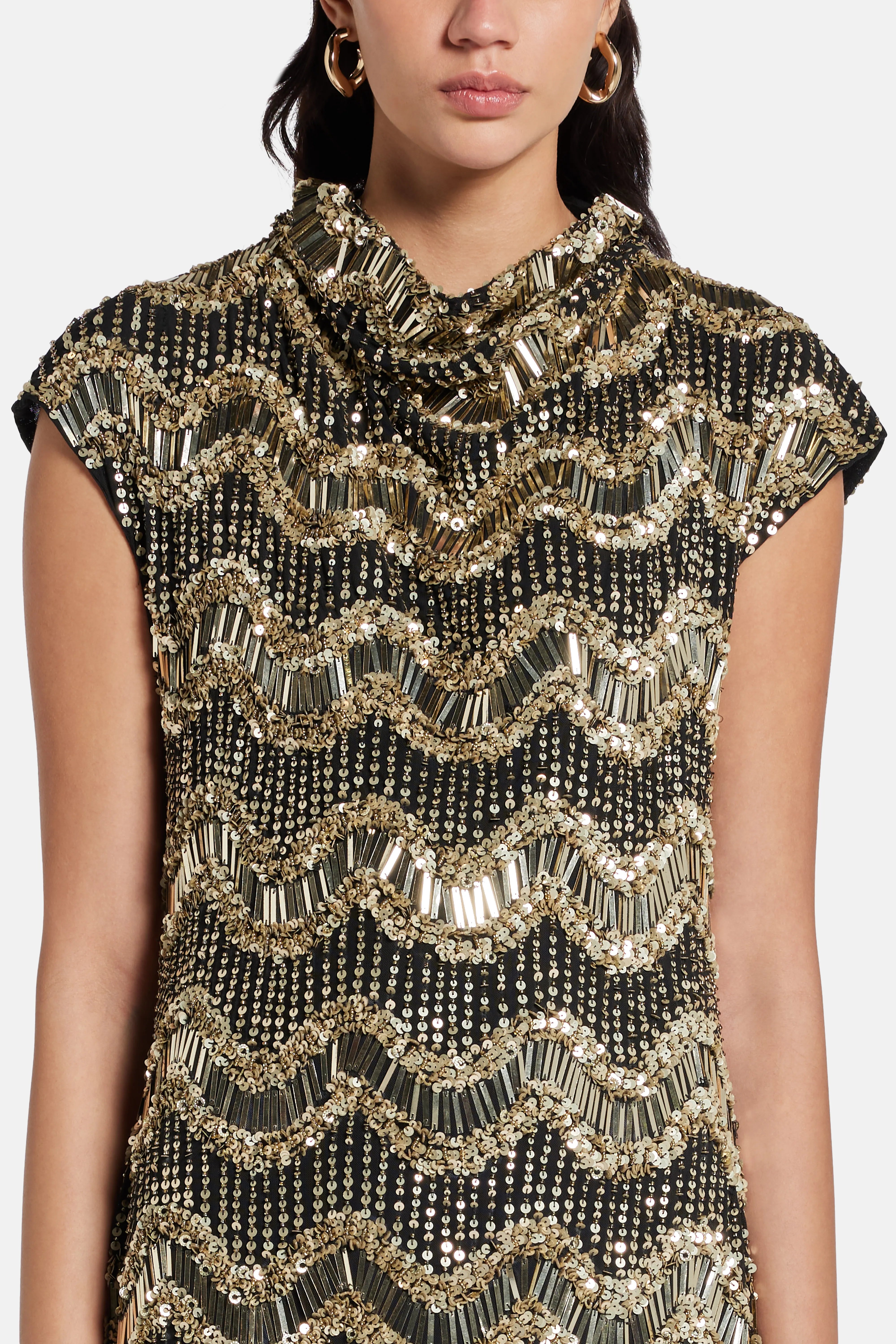 Apolline Cap Sleeve Embellished Evening Dress in Black/ Gold