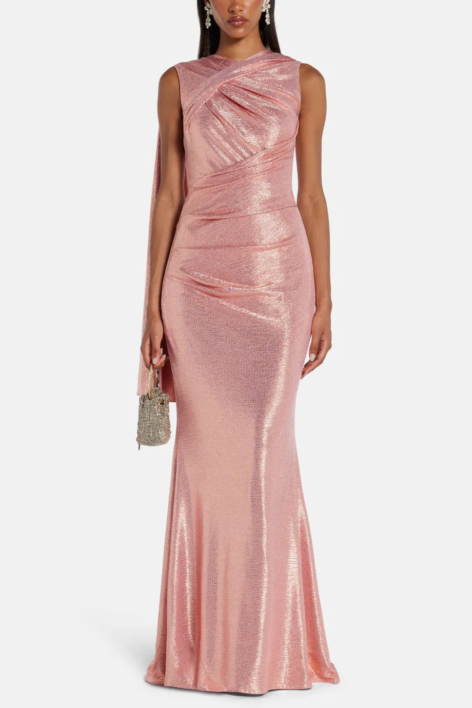 Shimmer Sleeveless Cape Evening Gown in Pink
