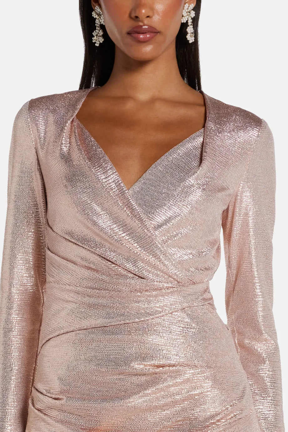 Shimmer V Neck Evening Gown in Pink