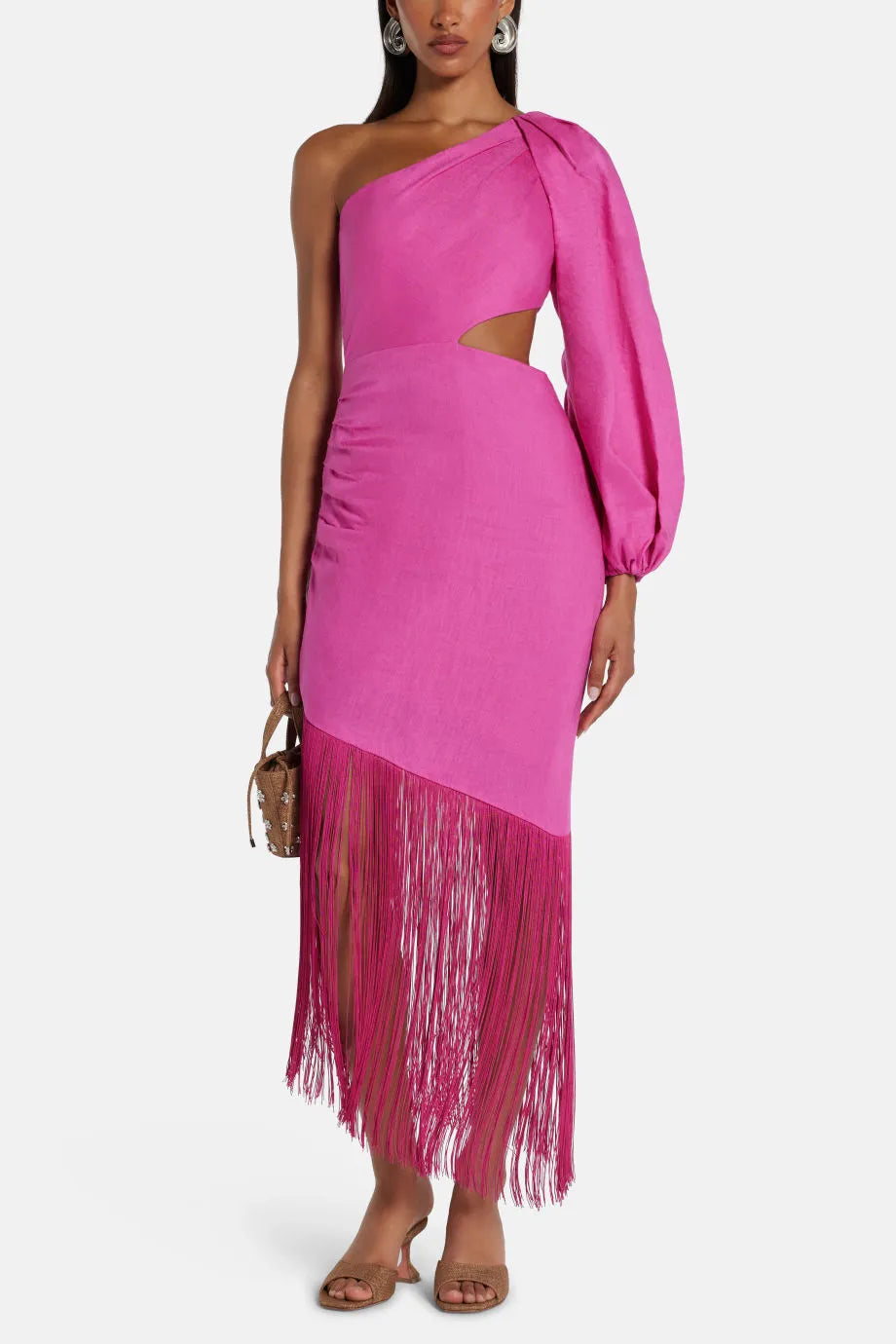 One Shoulder Cut Out Linen Midi Dress With Fringe in Pink
