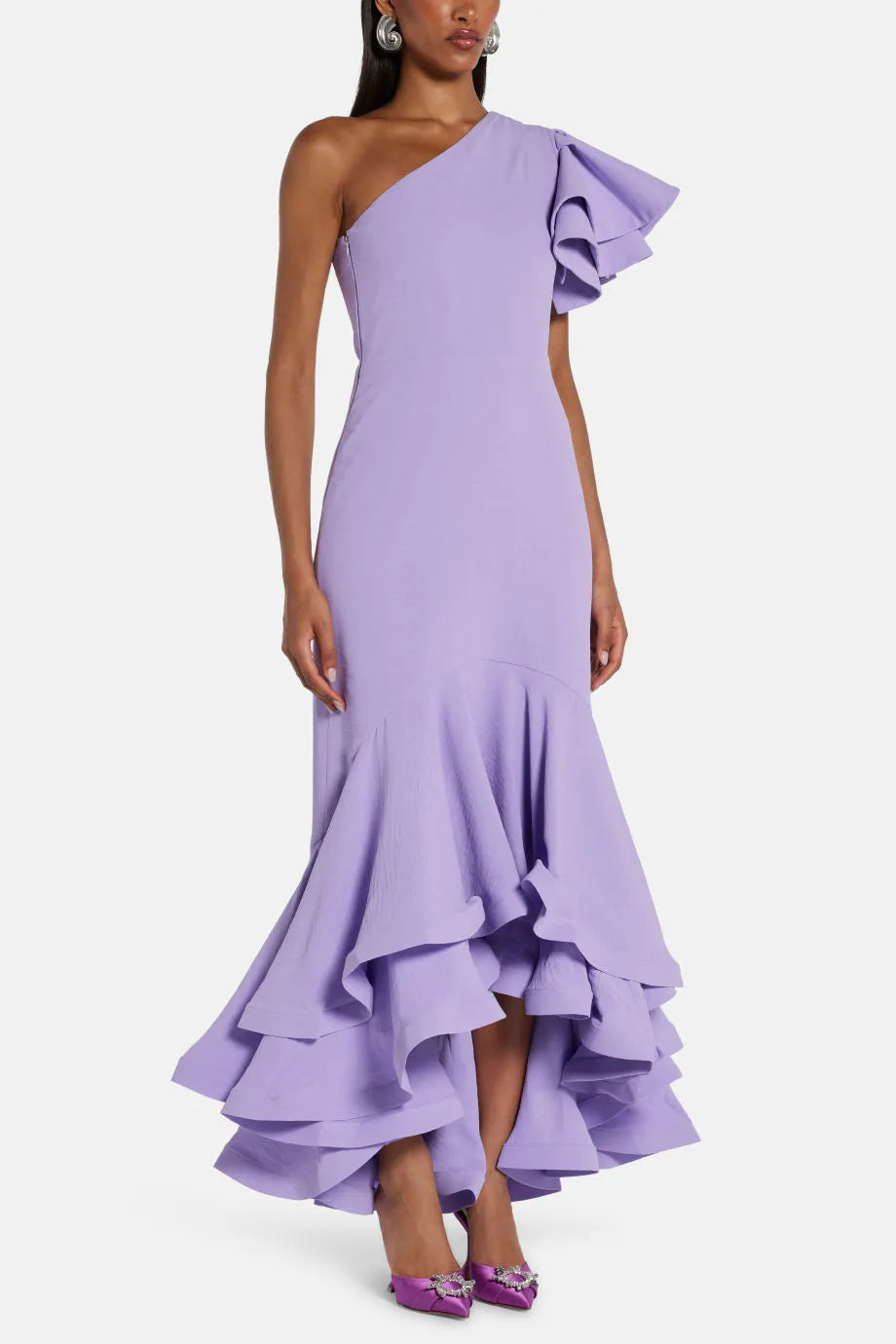 One Shoulder Tiered Ruffle Maxi Dress in Purple