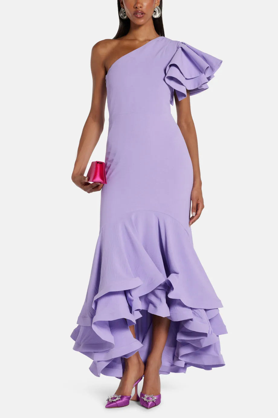 One Shoulder Tiered Ruffle Maxi Dress in Purple