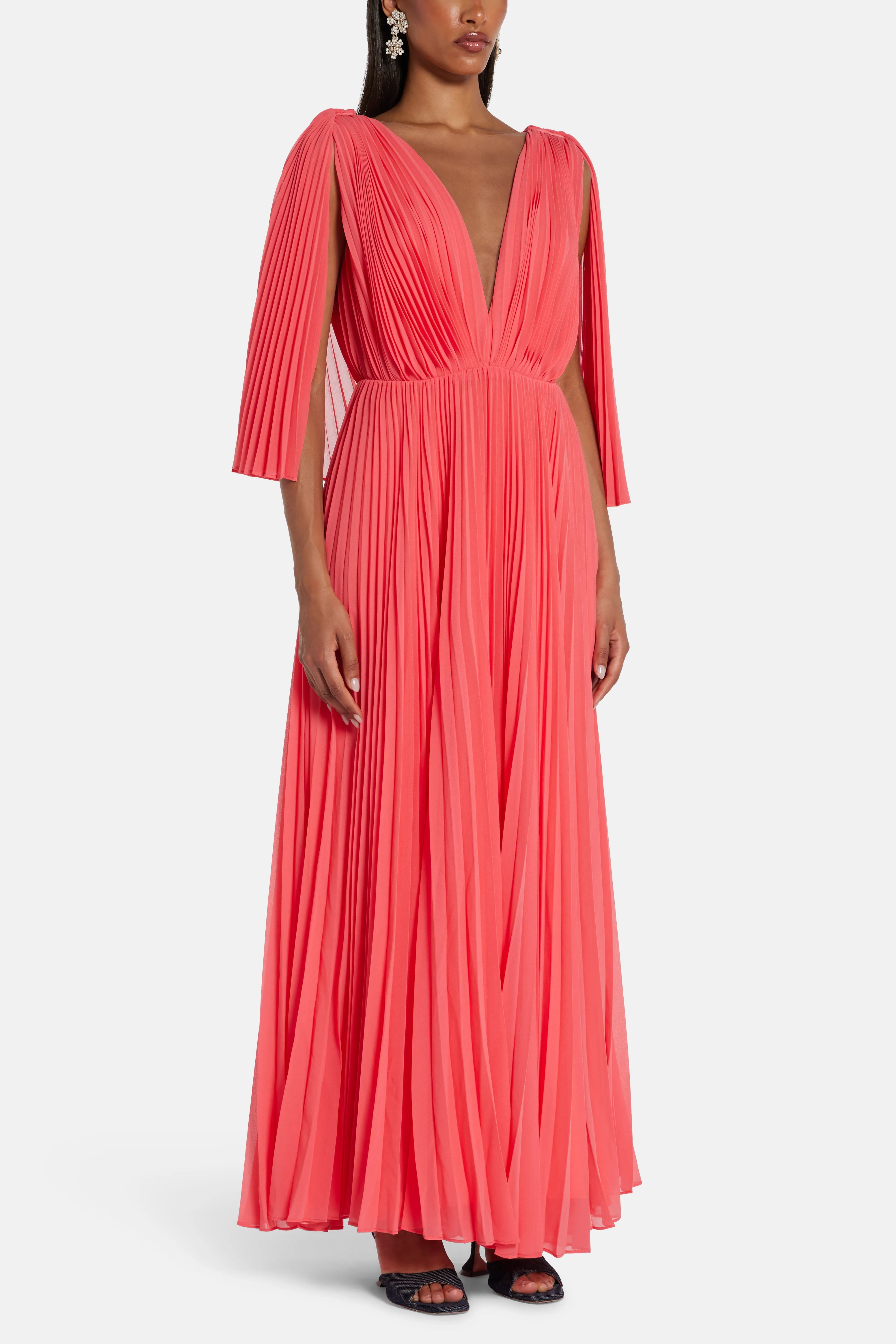 V Neck Sleeveless Pleated Maxi Dress in Orange