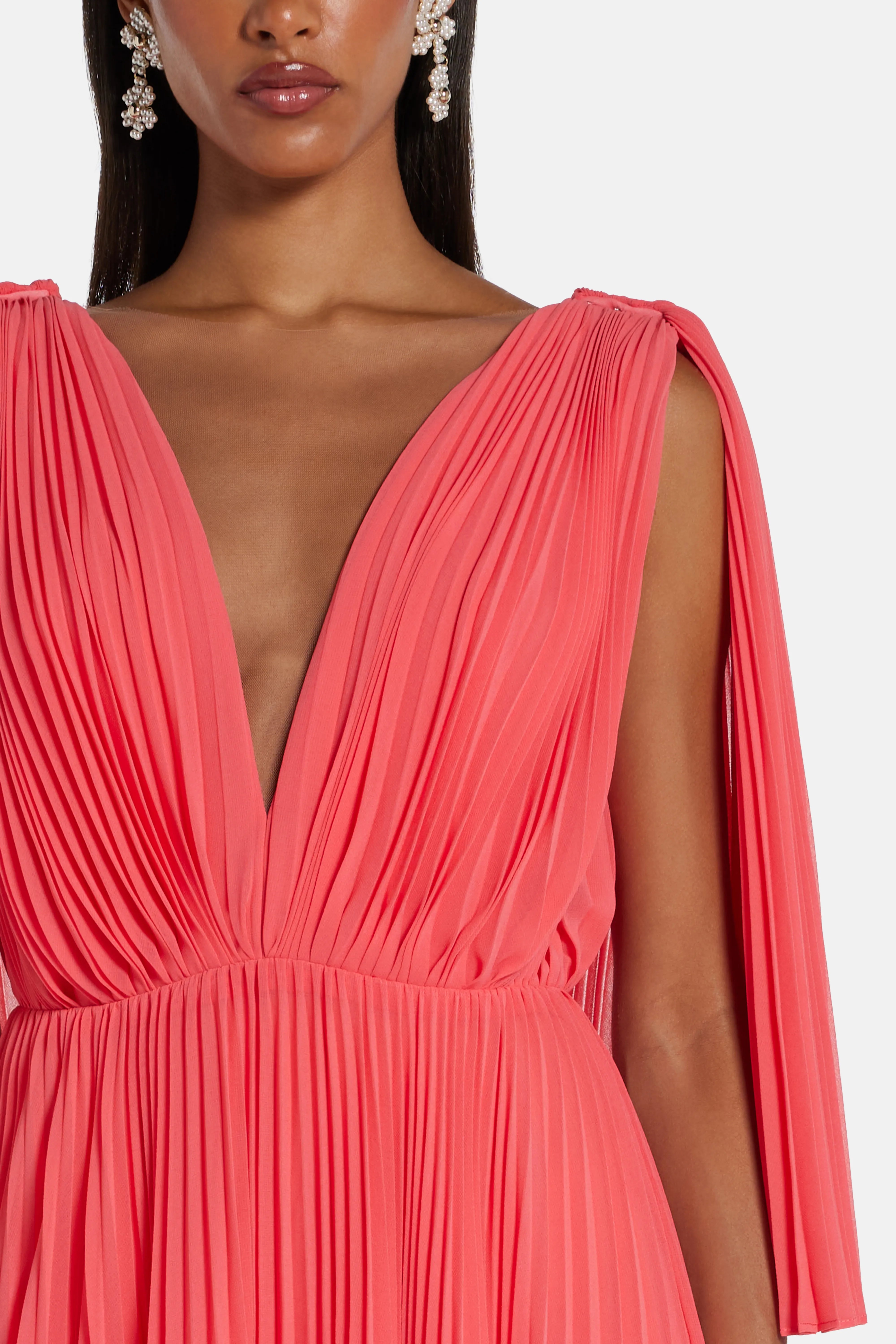 V Neck Sleeveless Pleated Maxi Dress in Orange