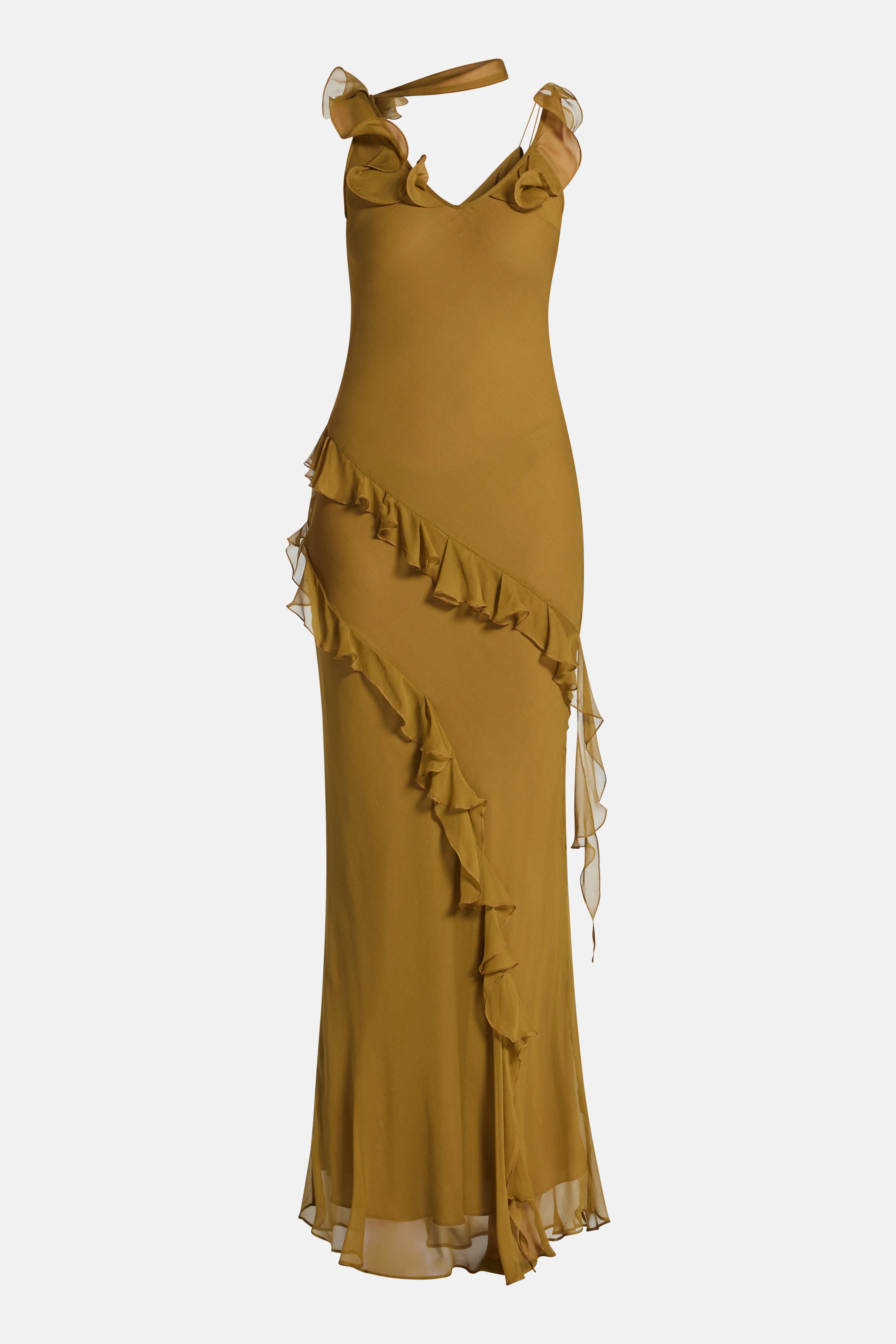 Hemera Sleeveless Ruffle Silk Chiffon Maxi Dress With Detachable Scarf in Brown