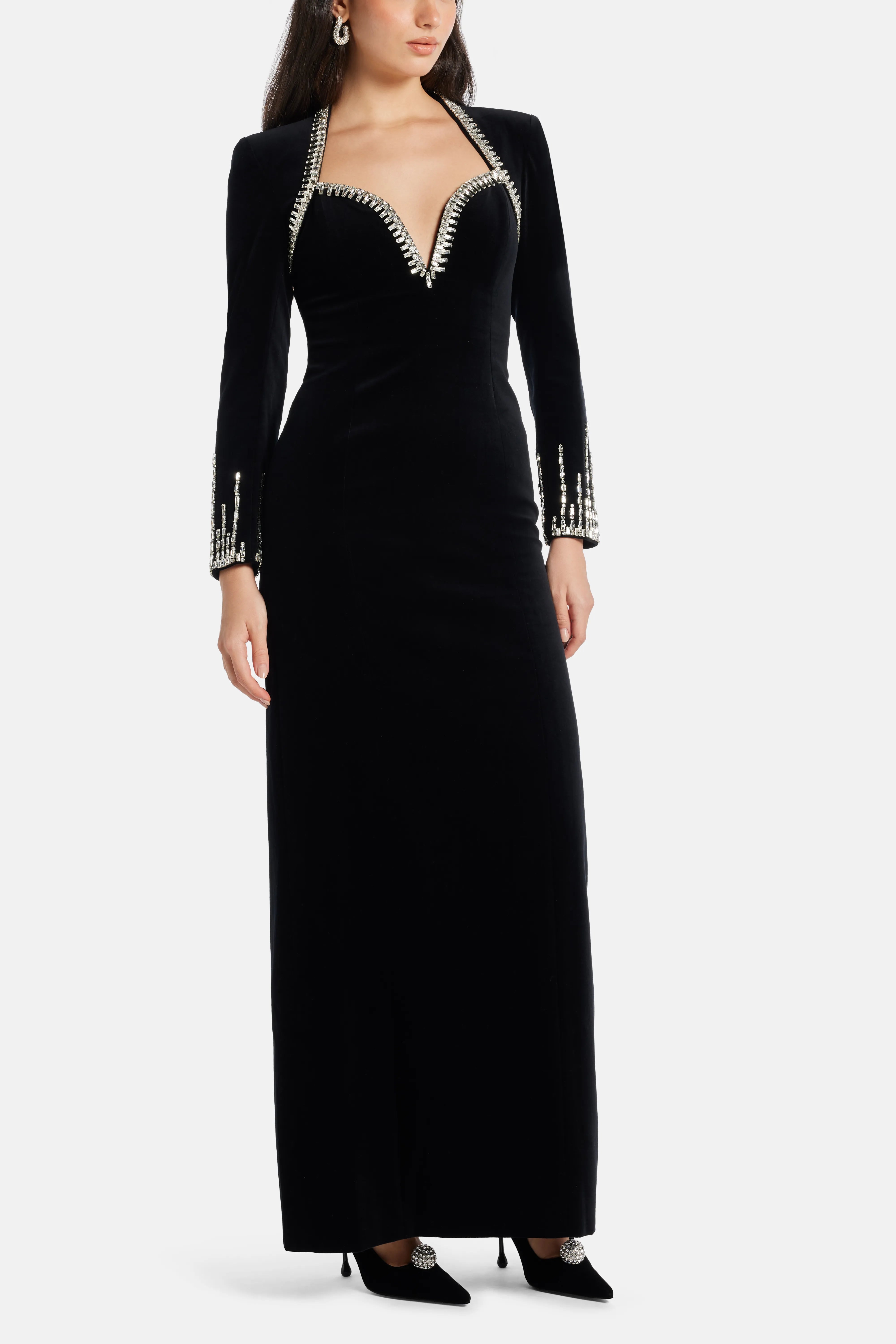 Galina Embellished Velvet Evening Dress in Black