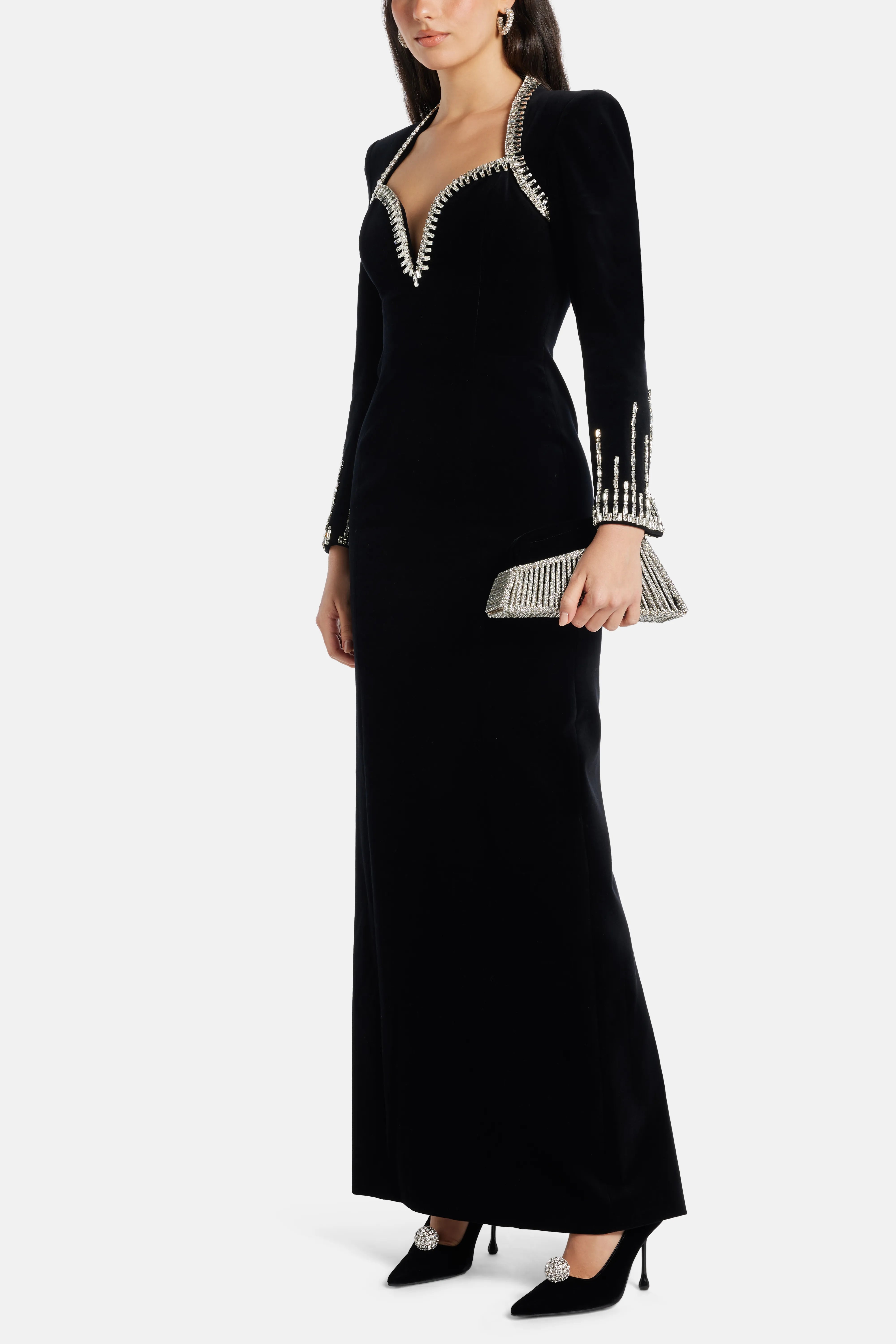 Galina Embellished Velvet Evening Dress in Black