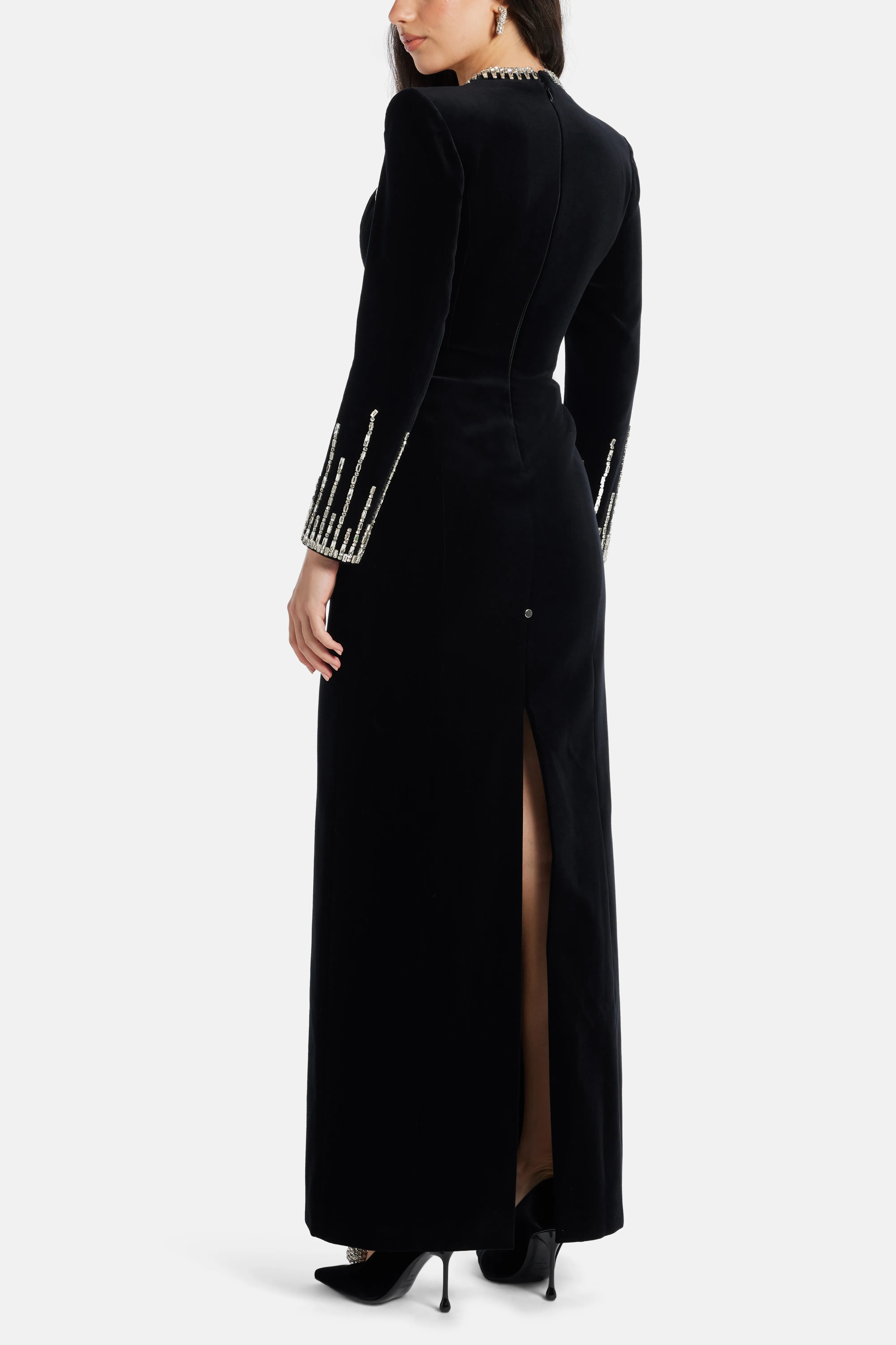 Galina Embellished Velvet Evening Dress in Black