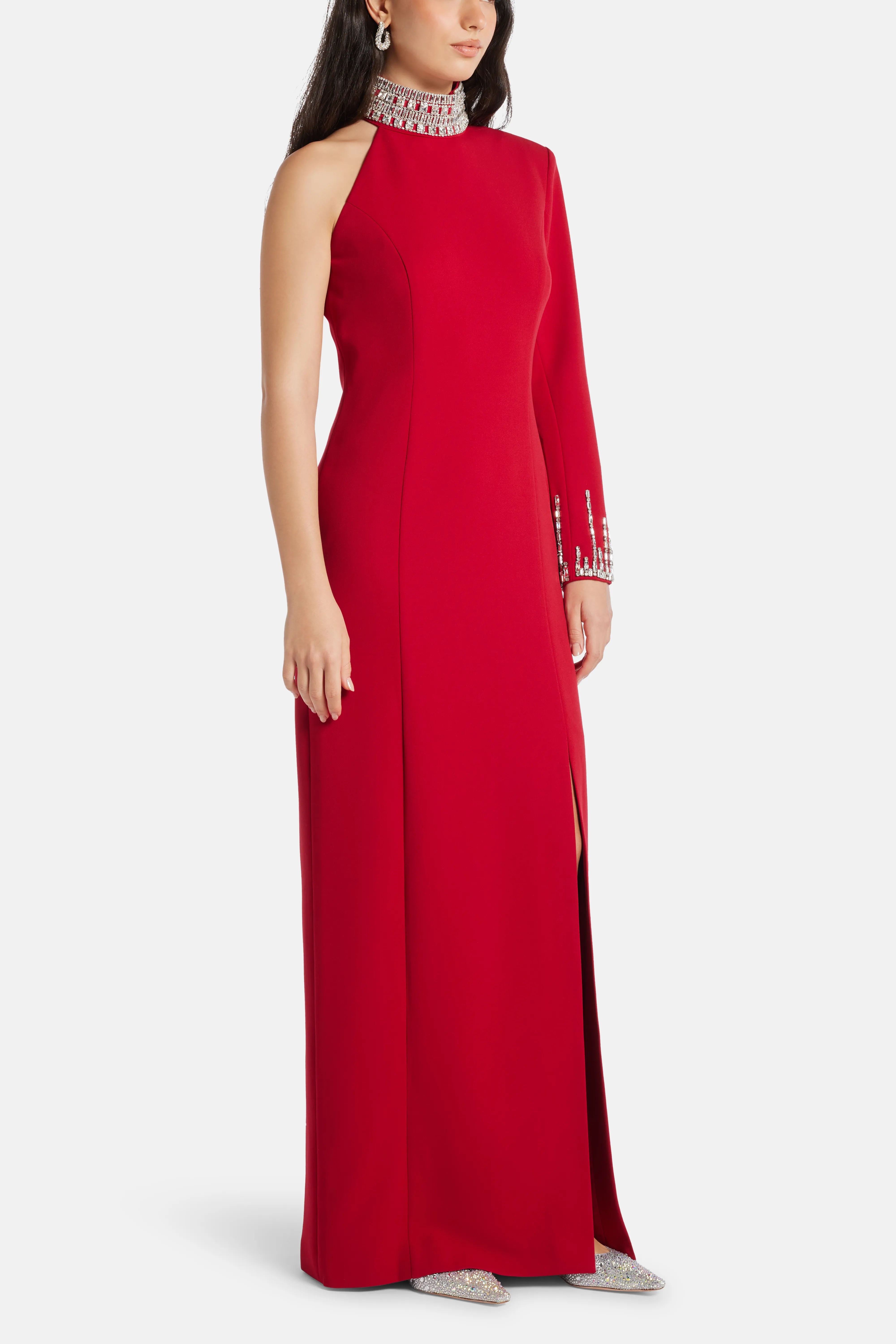 Sofia Embellished One Shoulder Evening Dress in Red