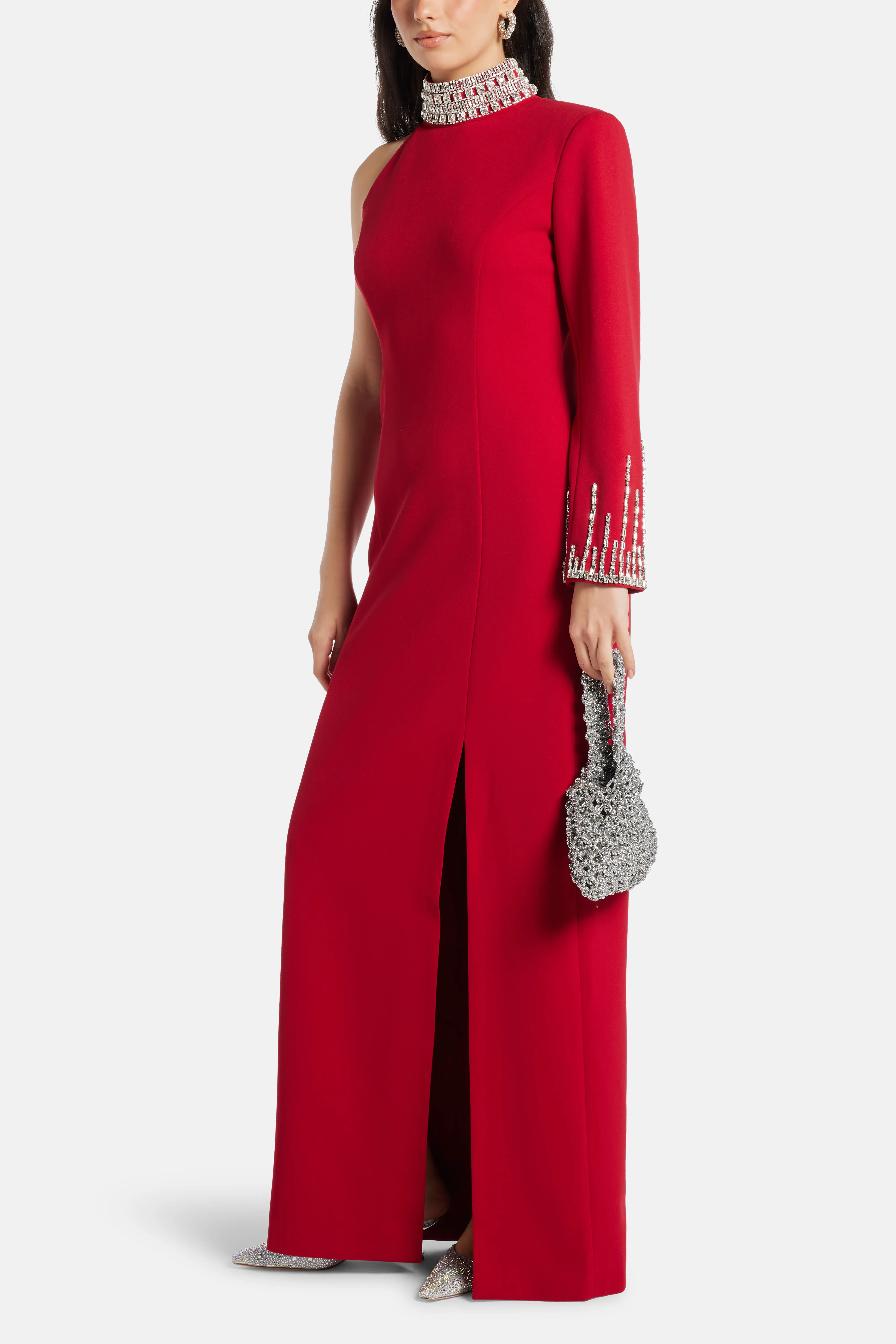 Sofia Embellished One Shoulder Evening Dress in Red