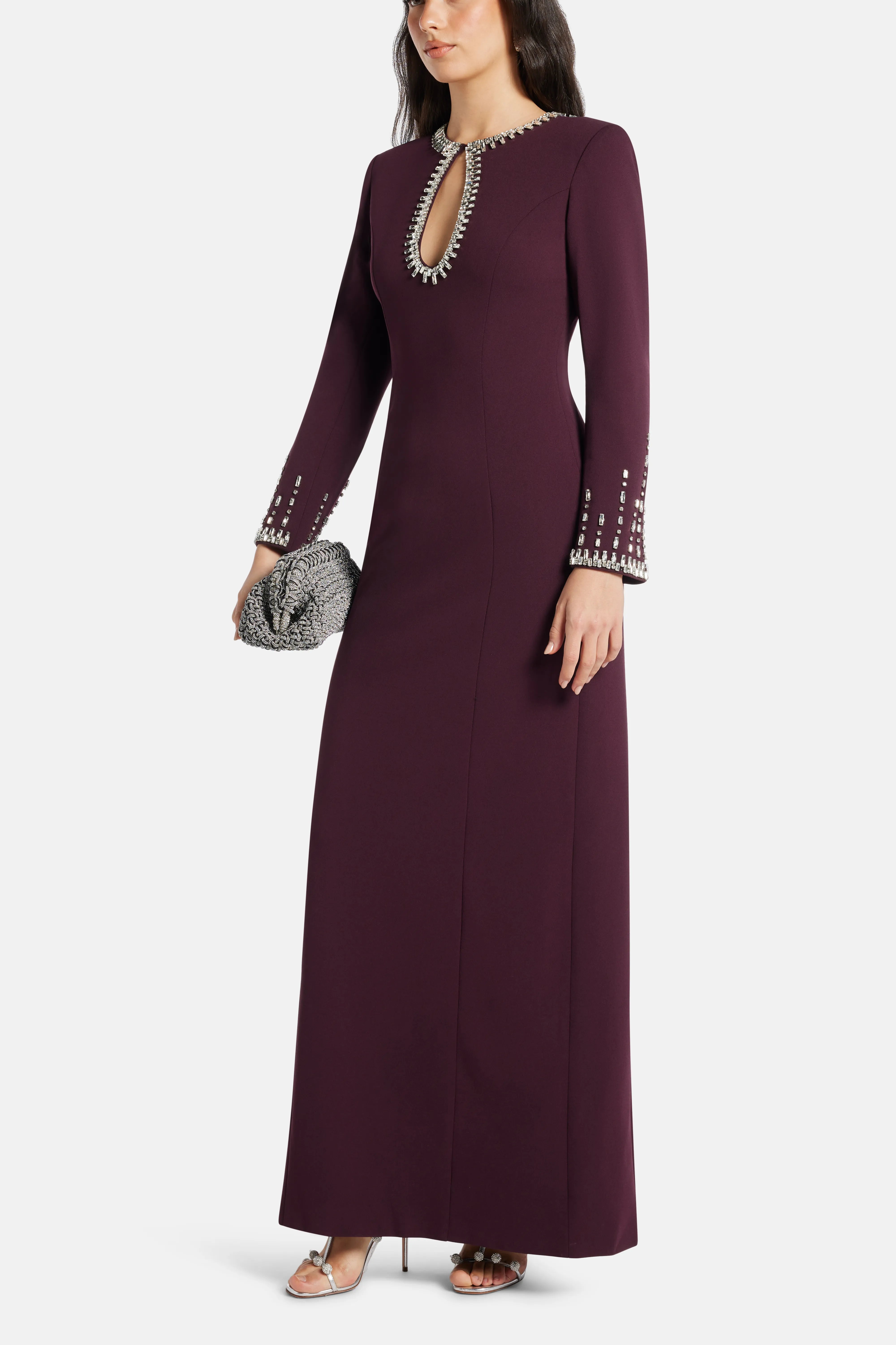 Estelle Embellished Evening Dress in Burgundy