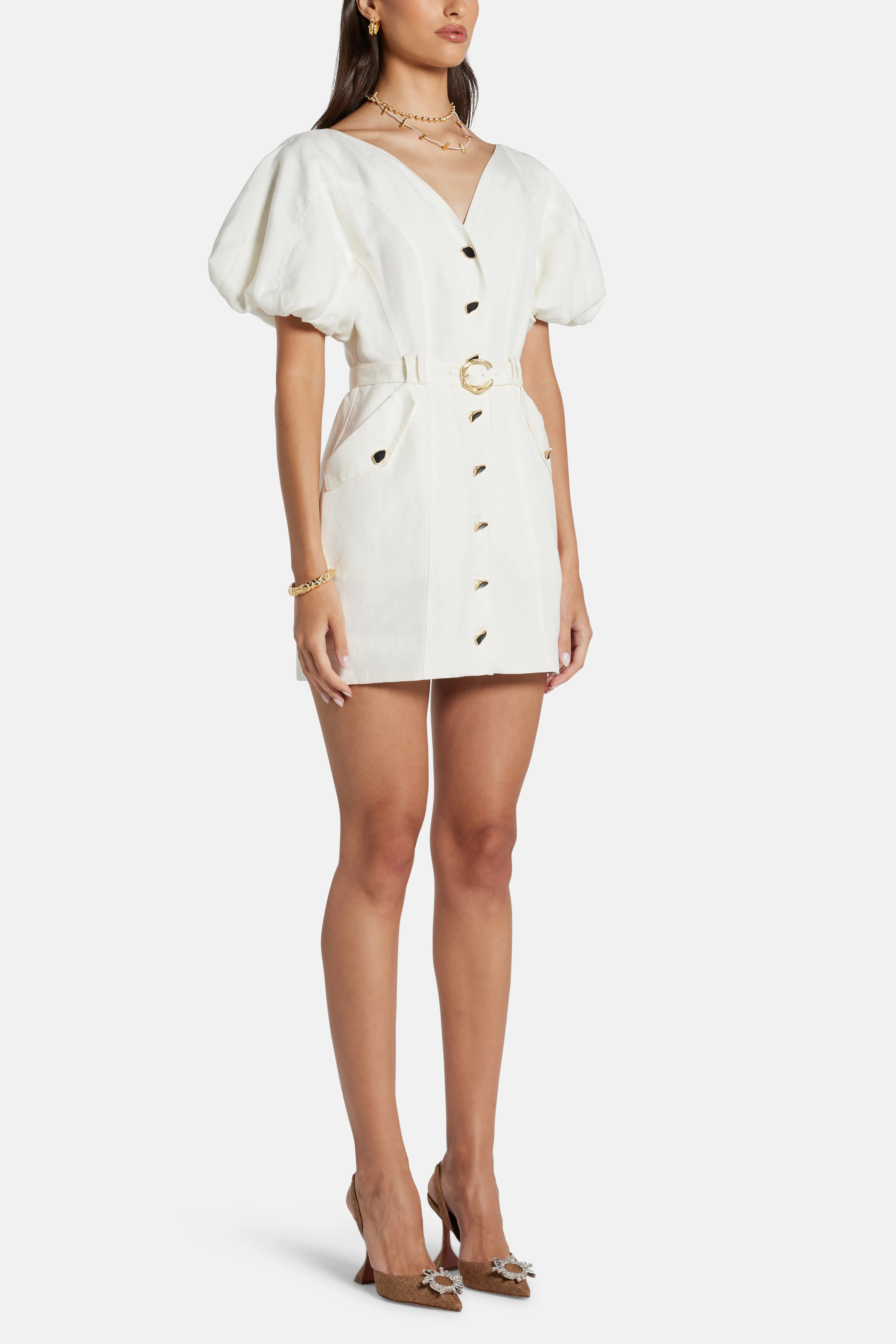 Skye Utility Belted Linen Mini Dress in White