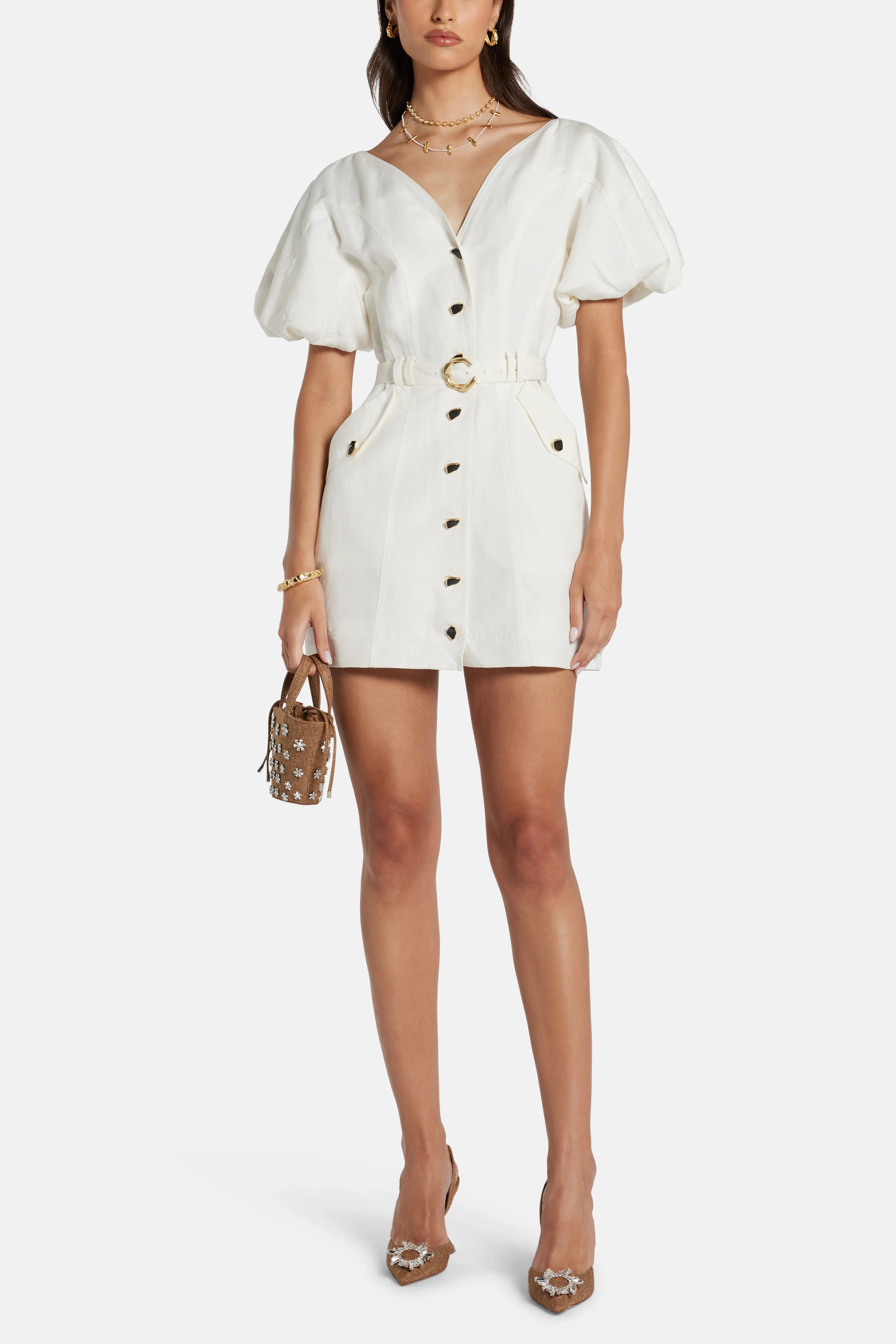 Skye Utility Belted Linen Mini Dress in White