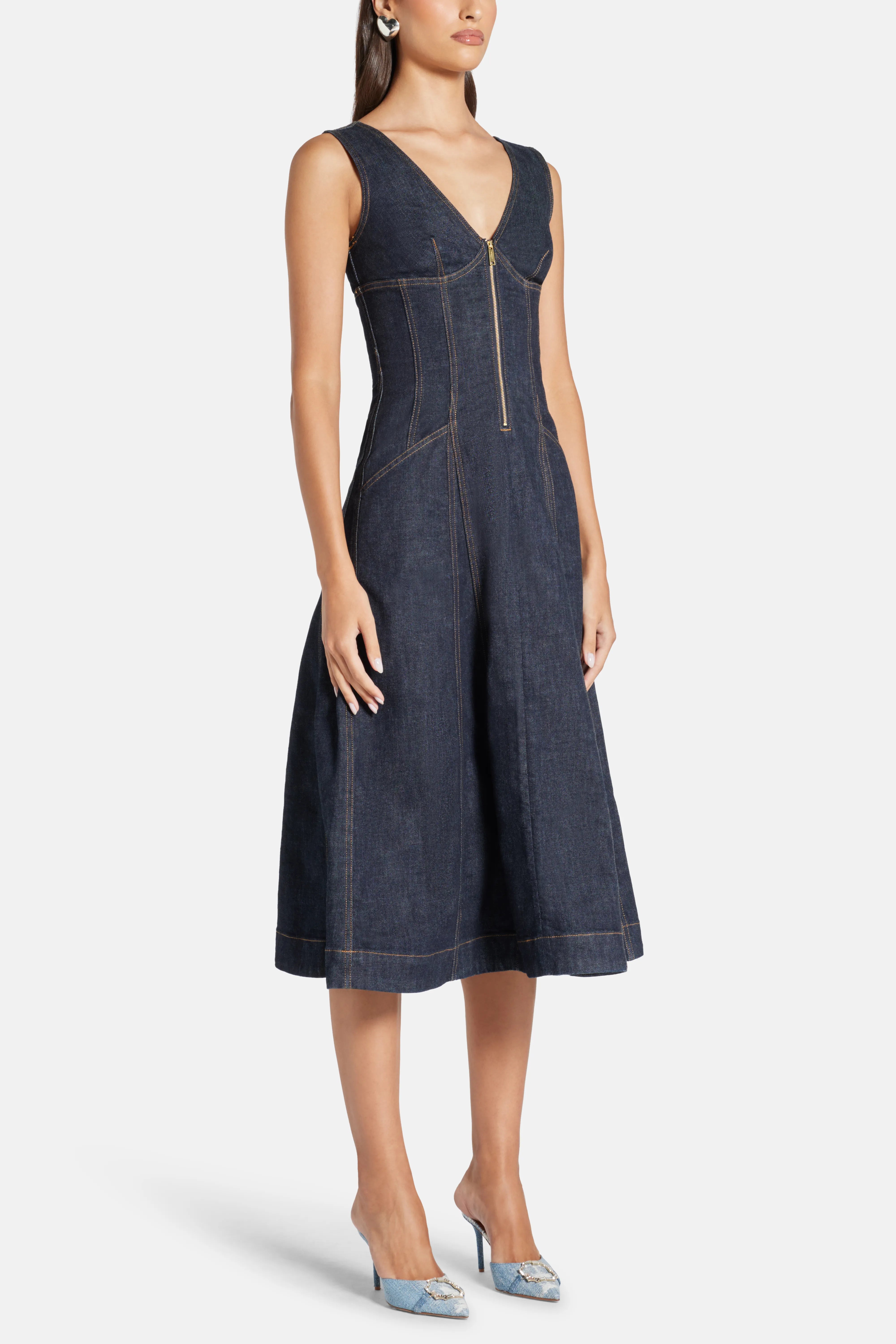 Sleeveless V Neck Cotton Denim Midi Dress in Blue