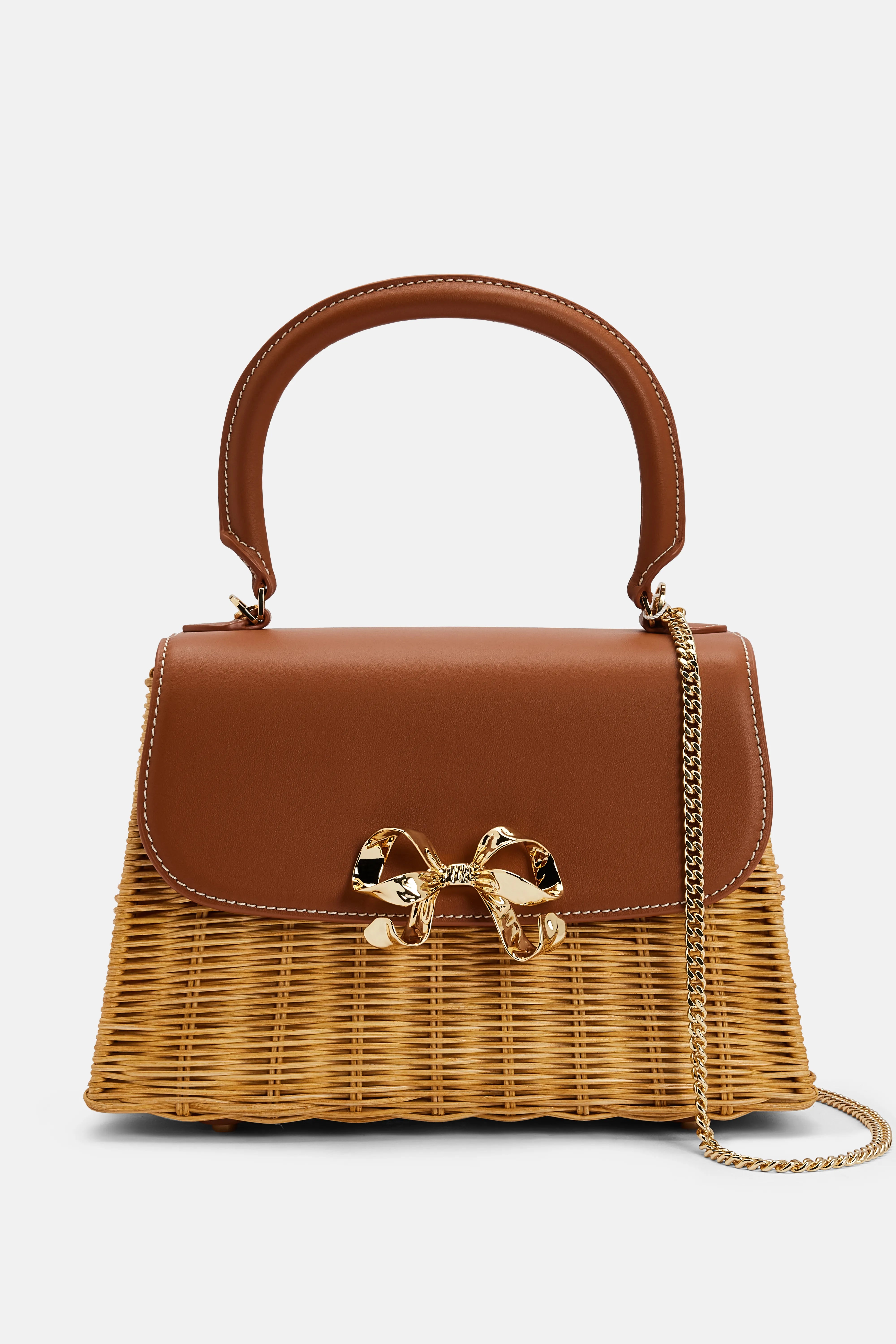 Rattan Bow Top Handle Mini Bag in Brown