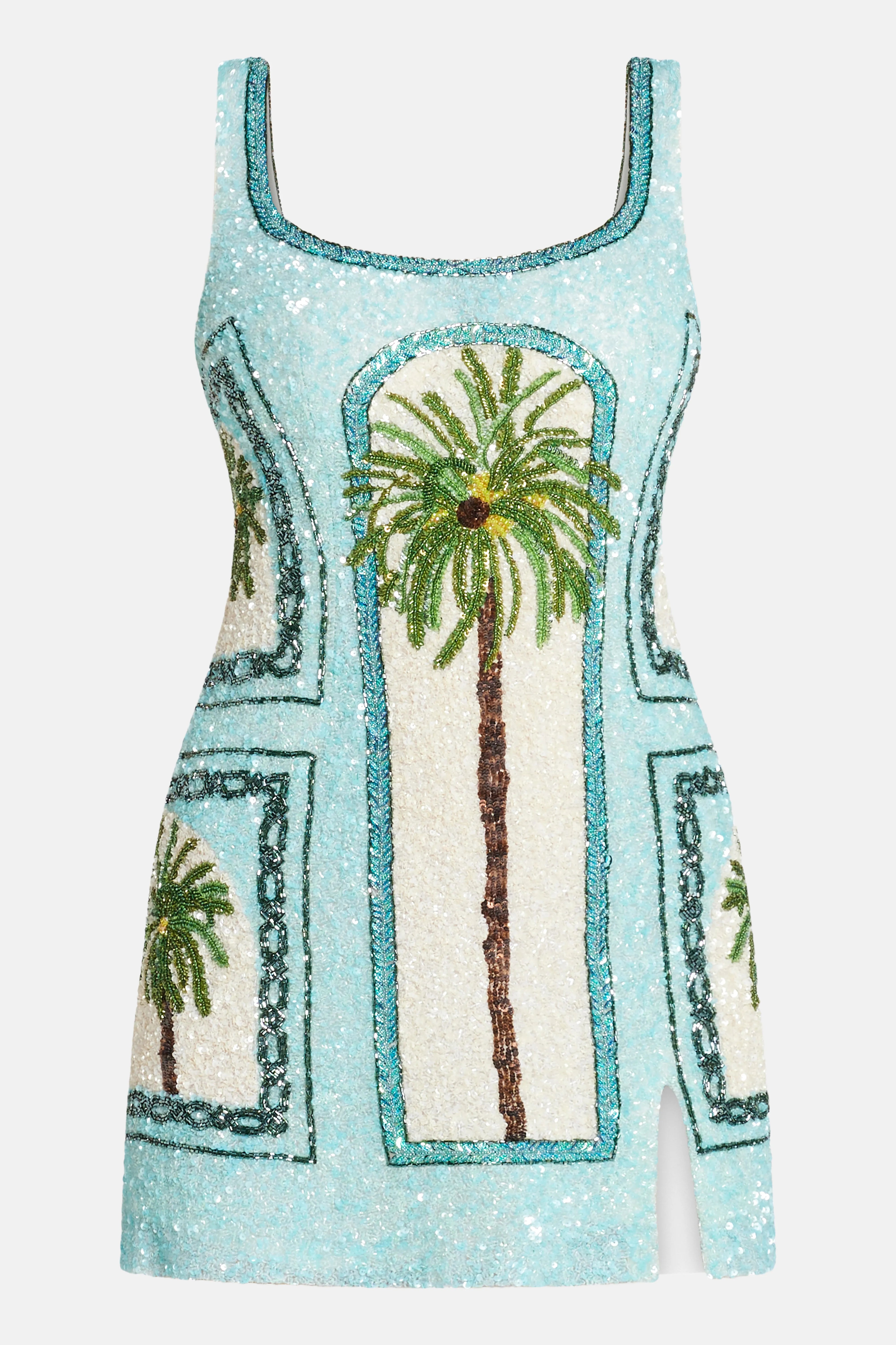 Dubai Inspired Architecture And Palm Tree Motifs Sleeveless Sequins Mini Dress in Blue
