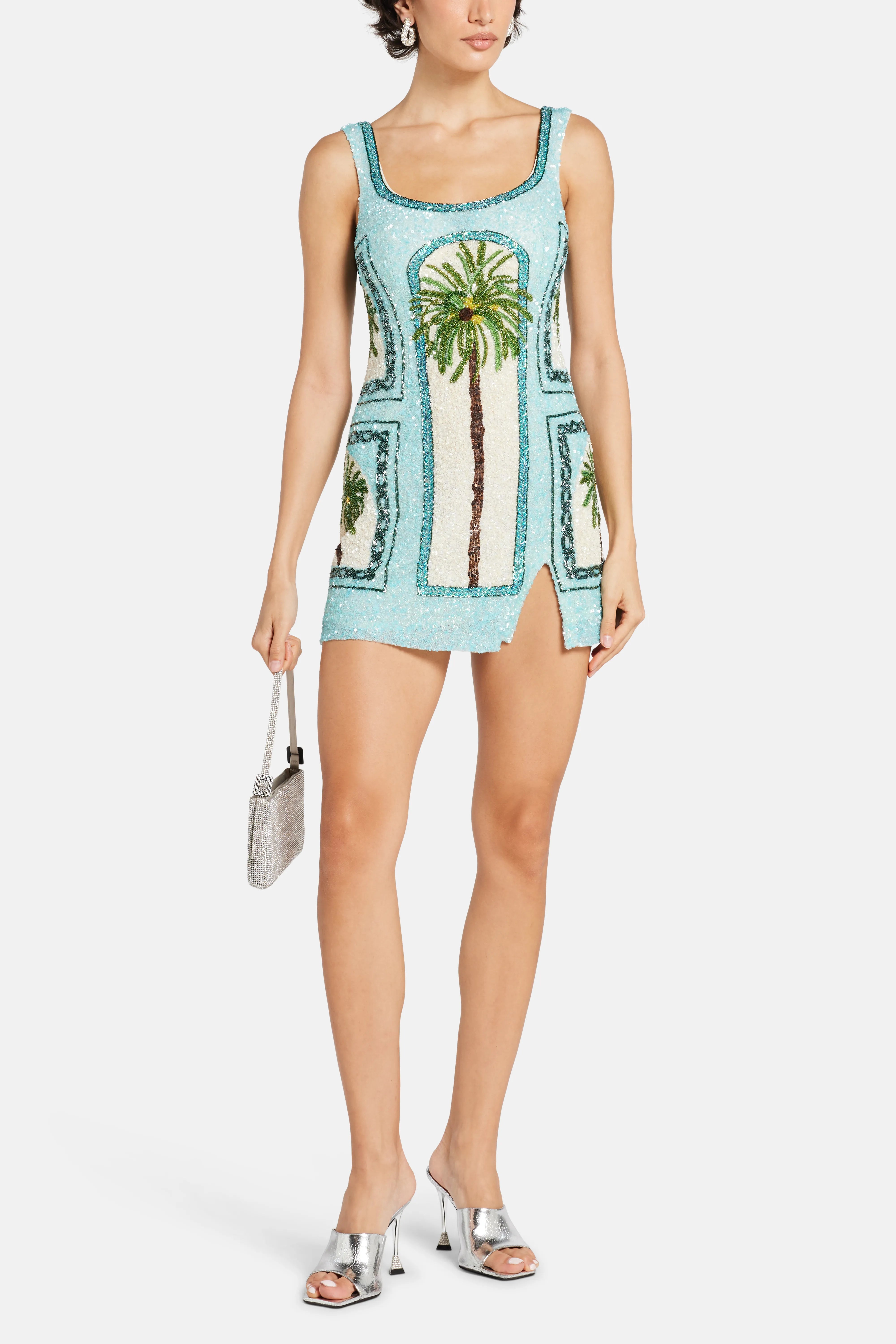 Dubai Inspired Architecture And Palm Tree Motifs Sleeveless Sequins Mini Dress in Blue
