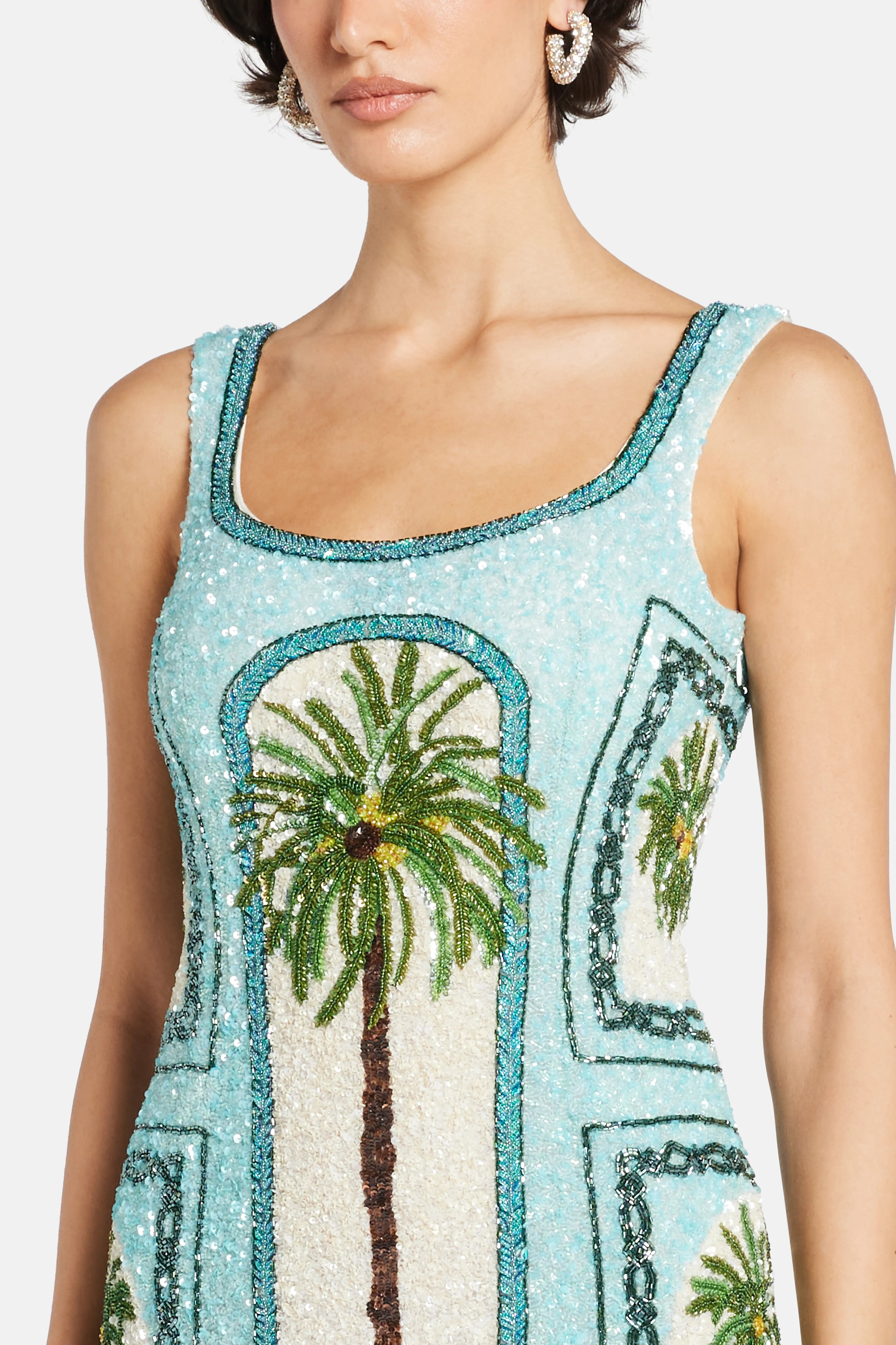 Dubai Inspired Architecture And Palm Tree Motifs Sleeveless Sequins Mini Dress in Blue