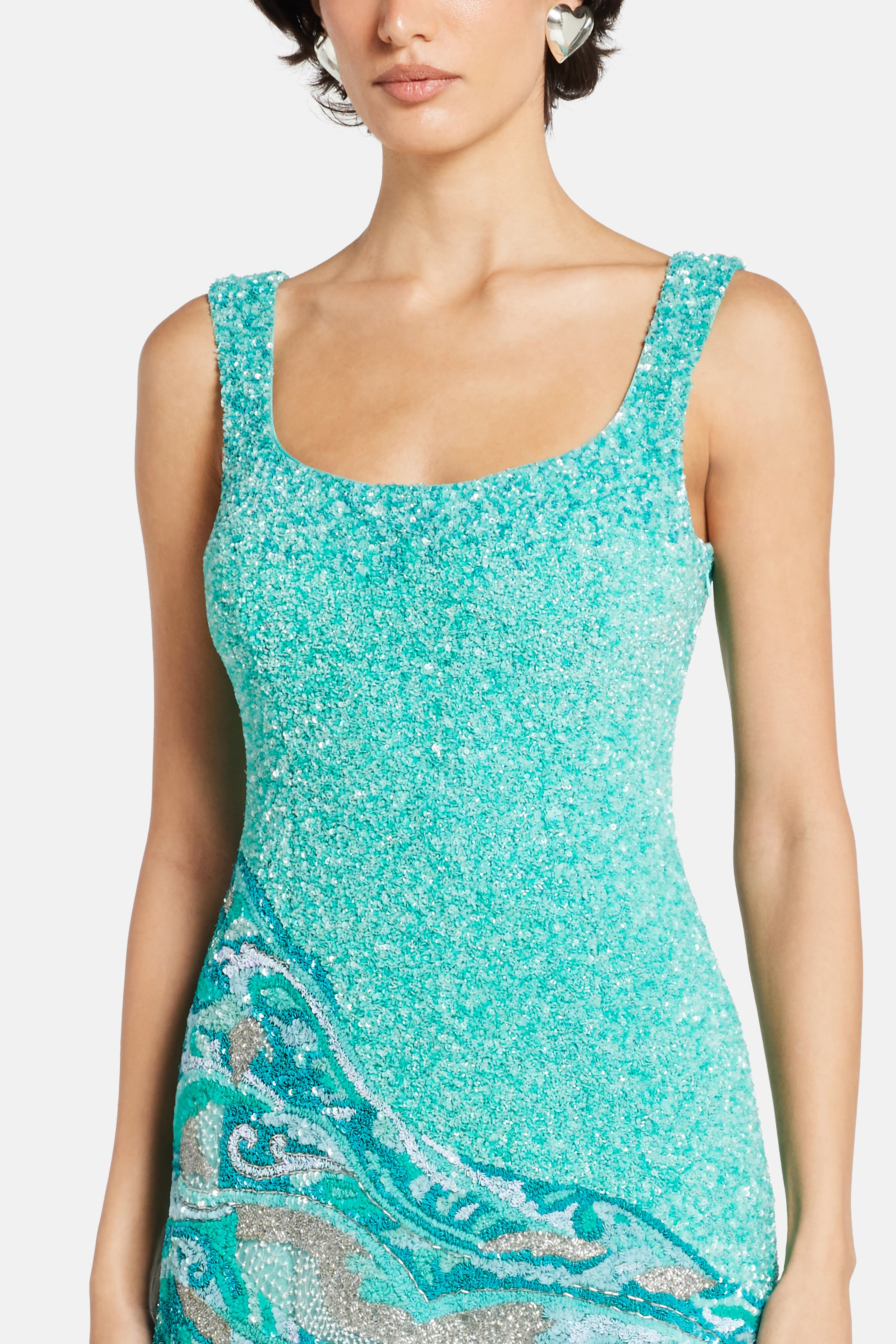 Dubai Ocean Waves Motif Sleeveless Sequins Mini Dress in Blue