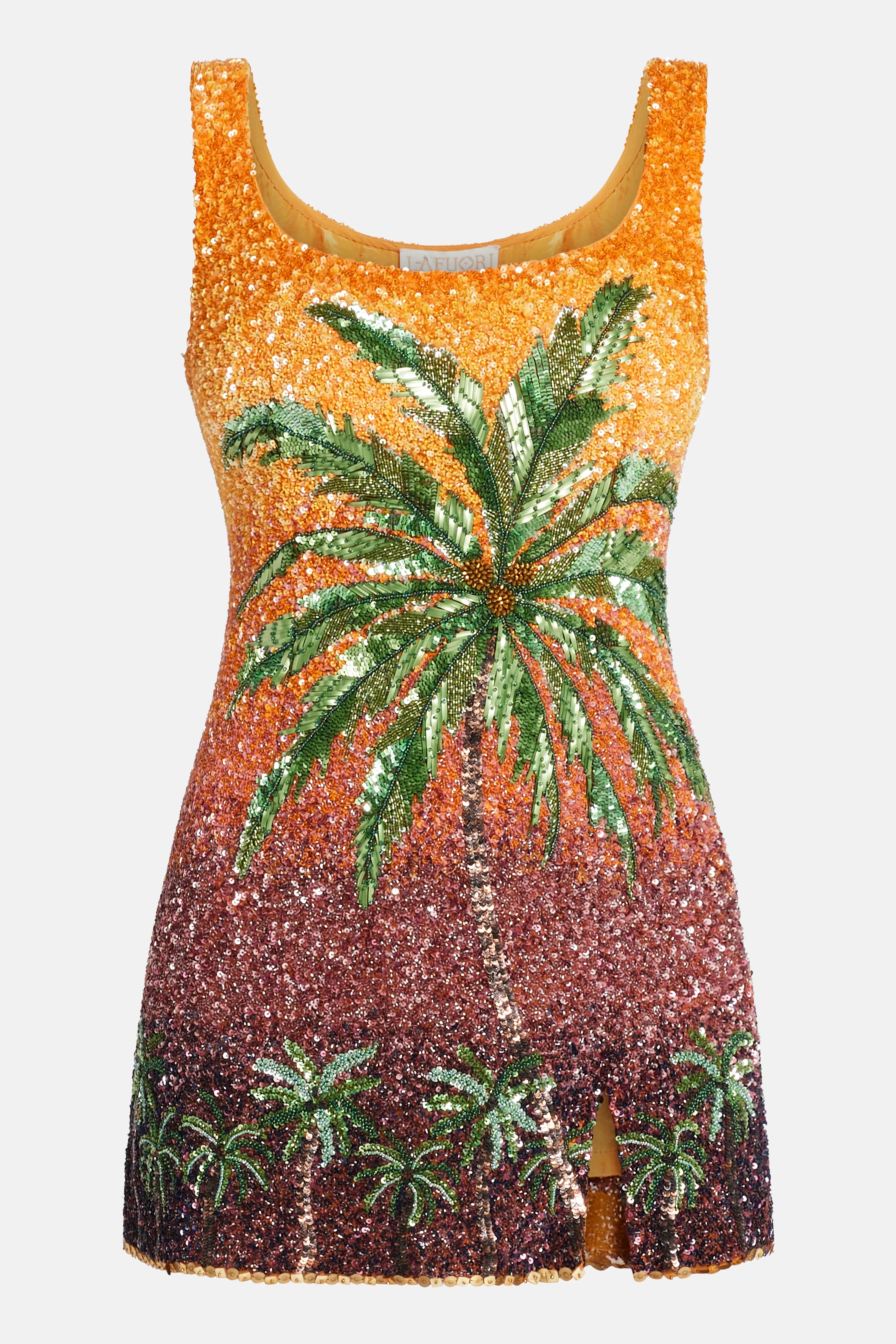 Dubai Nights Ombre Sunset Palm Tree Motifs Sleeveless Sequins Mini Dress Orange Blue