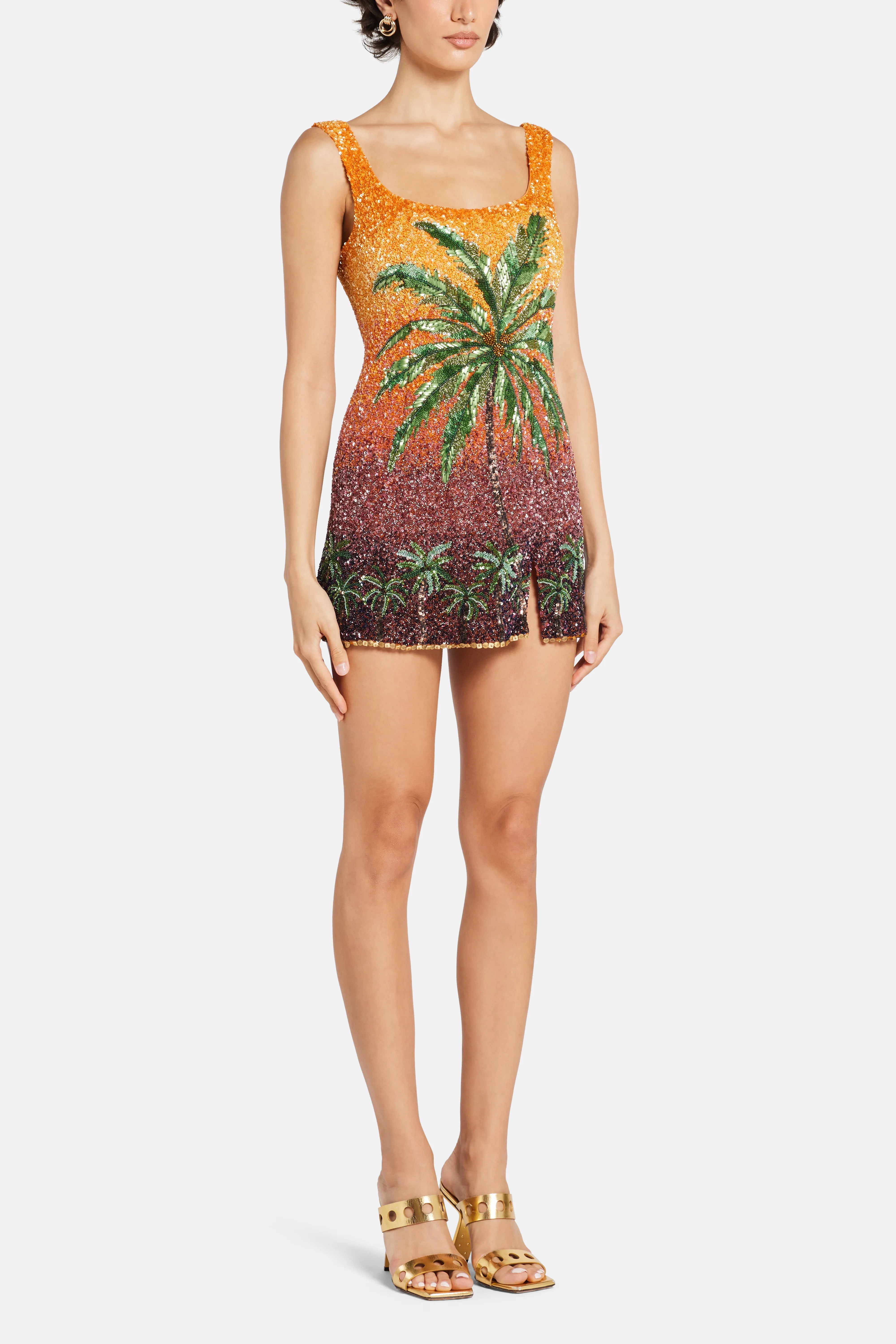 Dubai Nights Ombre Sunset Palm Tree Motifs Sleeveless Sequins Mini Dress Orange Blue