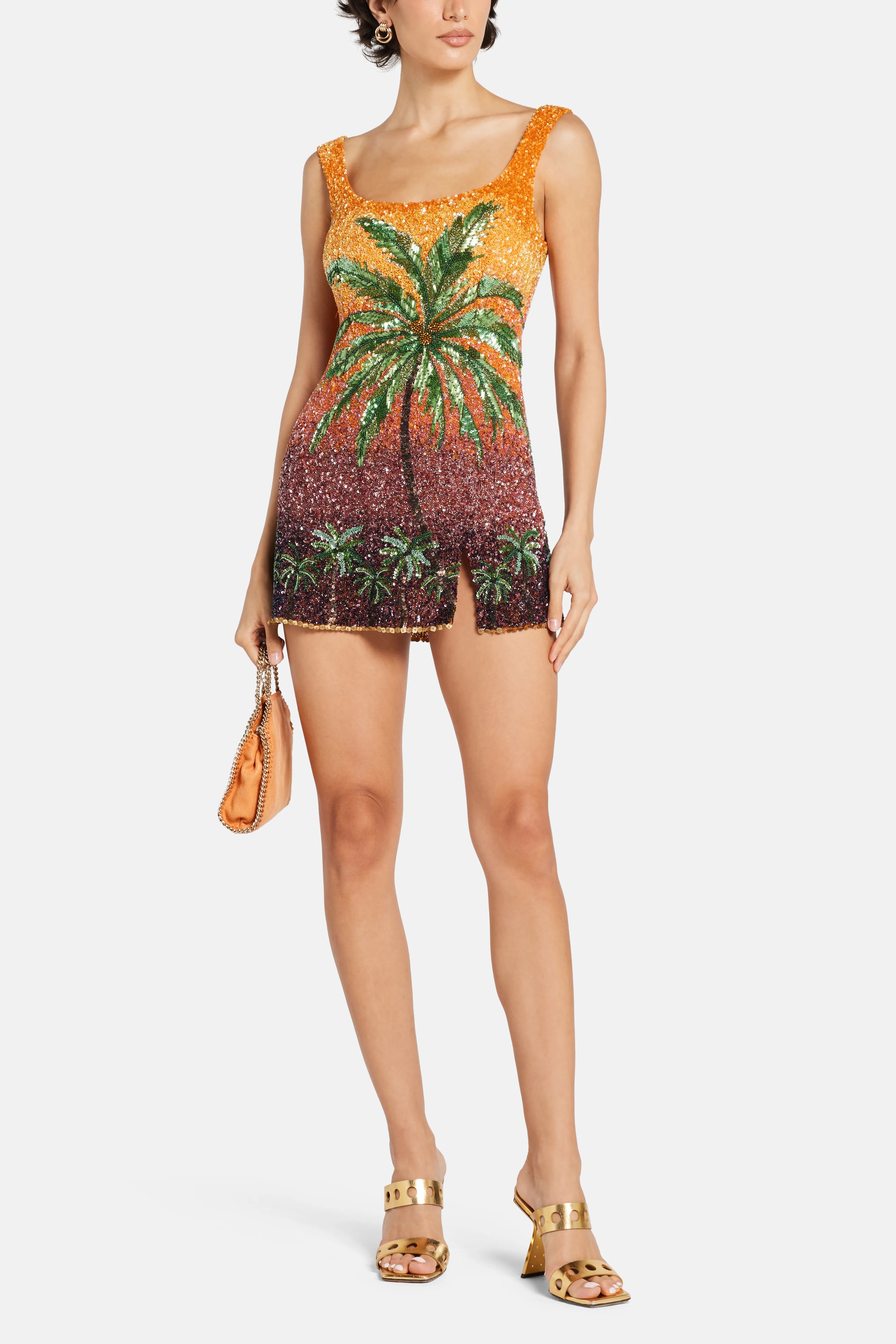 Dubai Nights Ombre Sunset Palm Tree Motifs Sleeveless Sequins Mini Dress Orange Blue