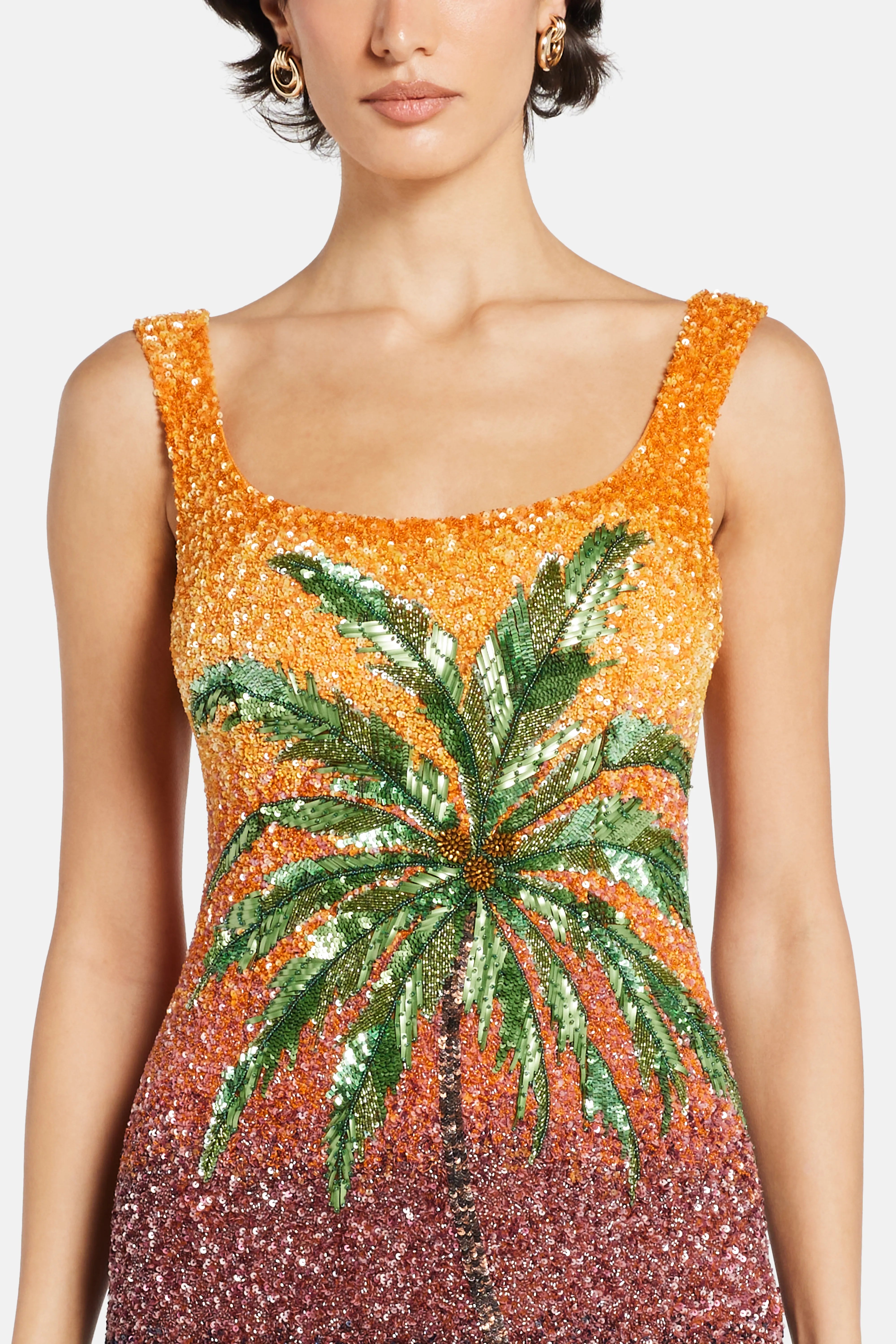 Dubai Nights Ombre Sunset Palm Tree Motifs Sleeveless Sequins Mini Dress Orange Blue