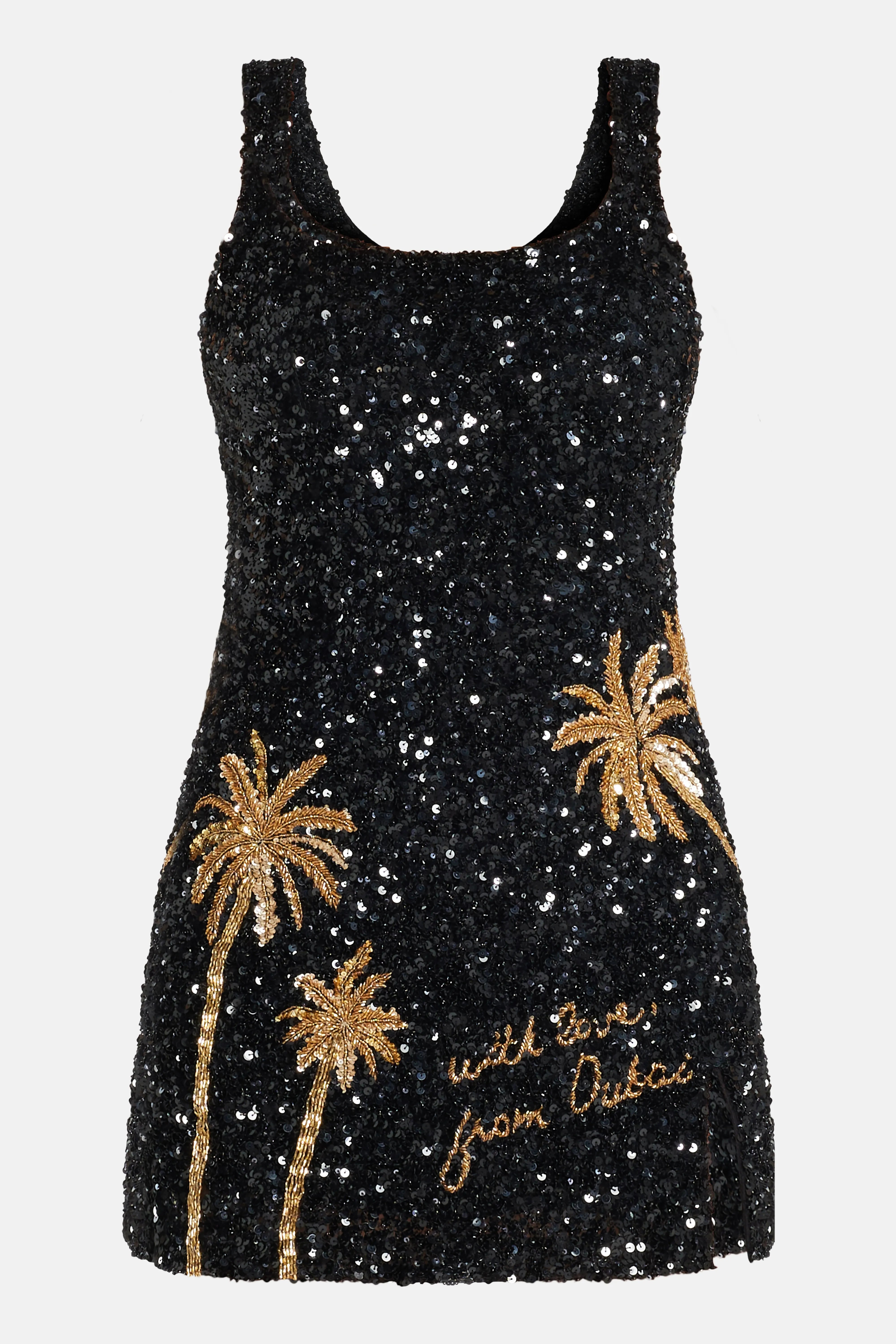 Dubai With Love With Mirrored Palm Tree Motifs Sleeveless Sequins Mini Dress in Black