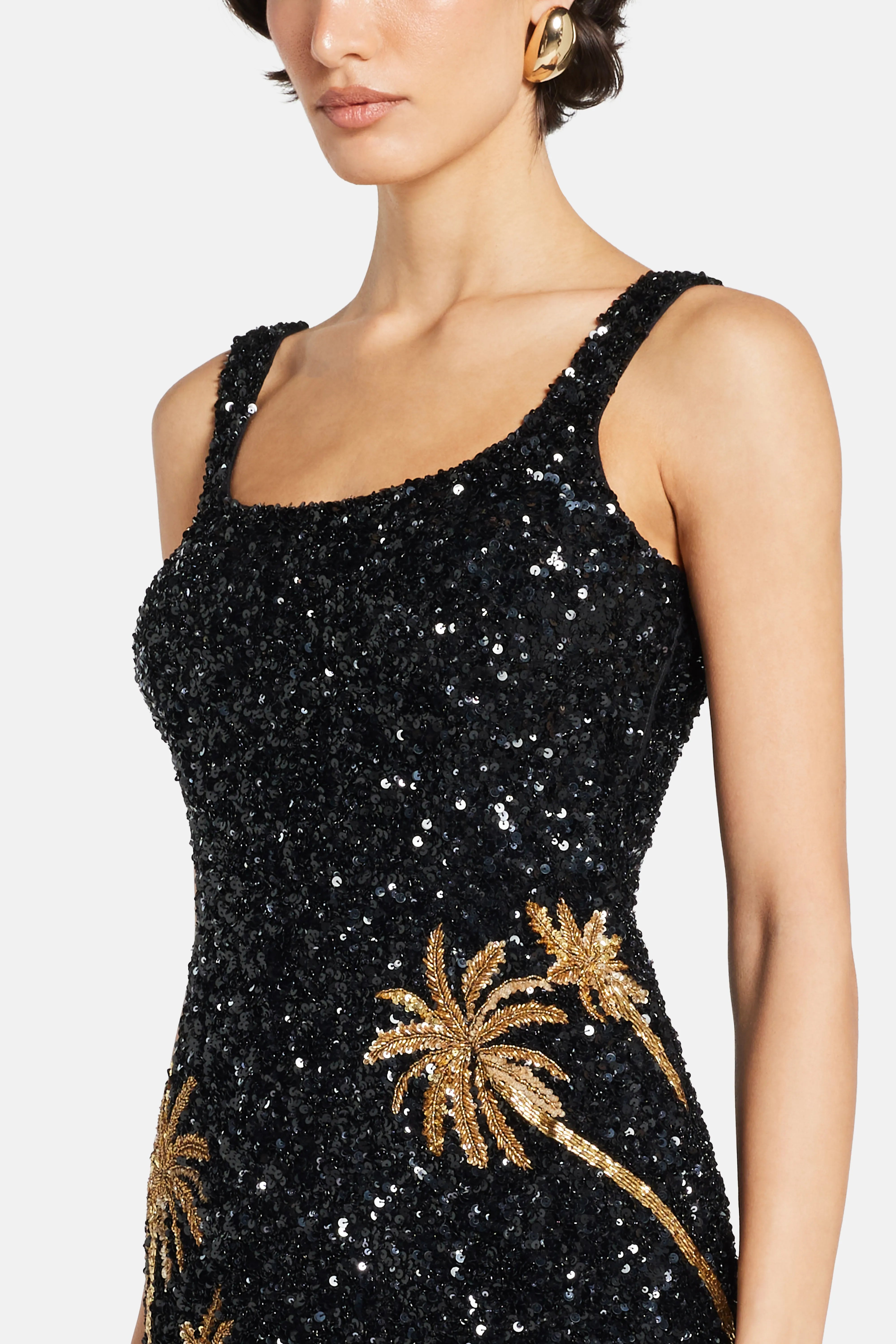 Dubai With Love With Mirrored Palm Tree Motifs Sleeveless Sequins Mini Dress in Black