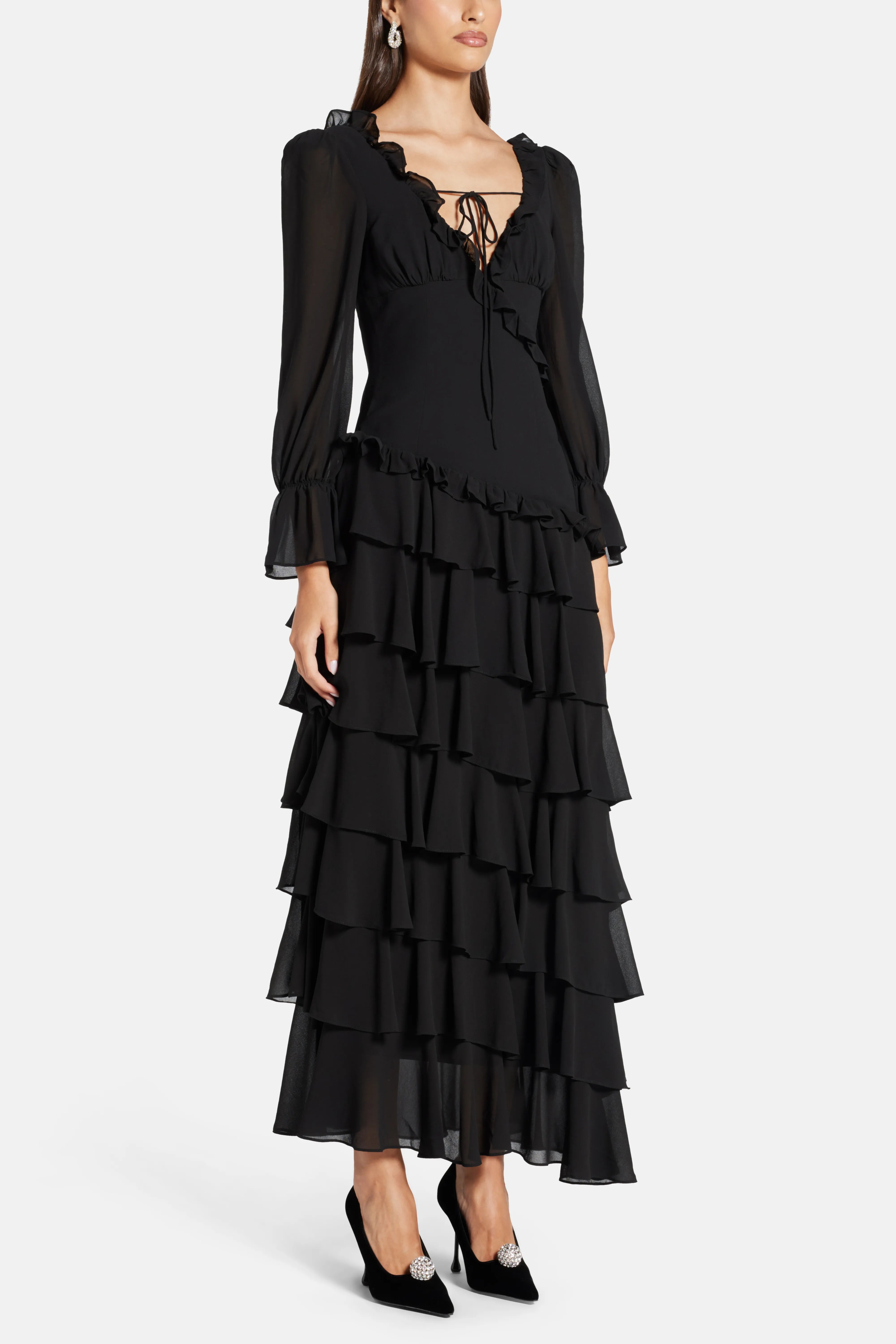 Ruffle Tiered Low Back Maxi Dress in Black