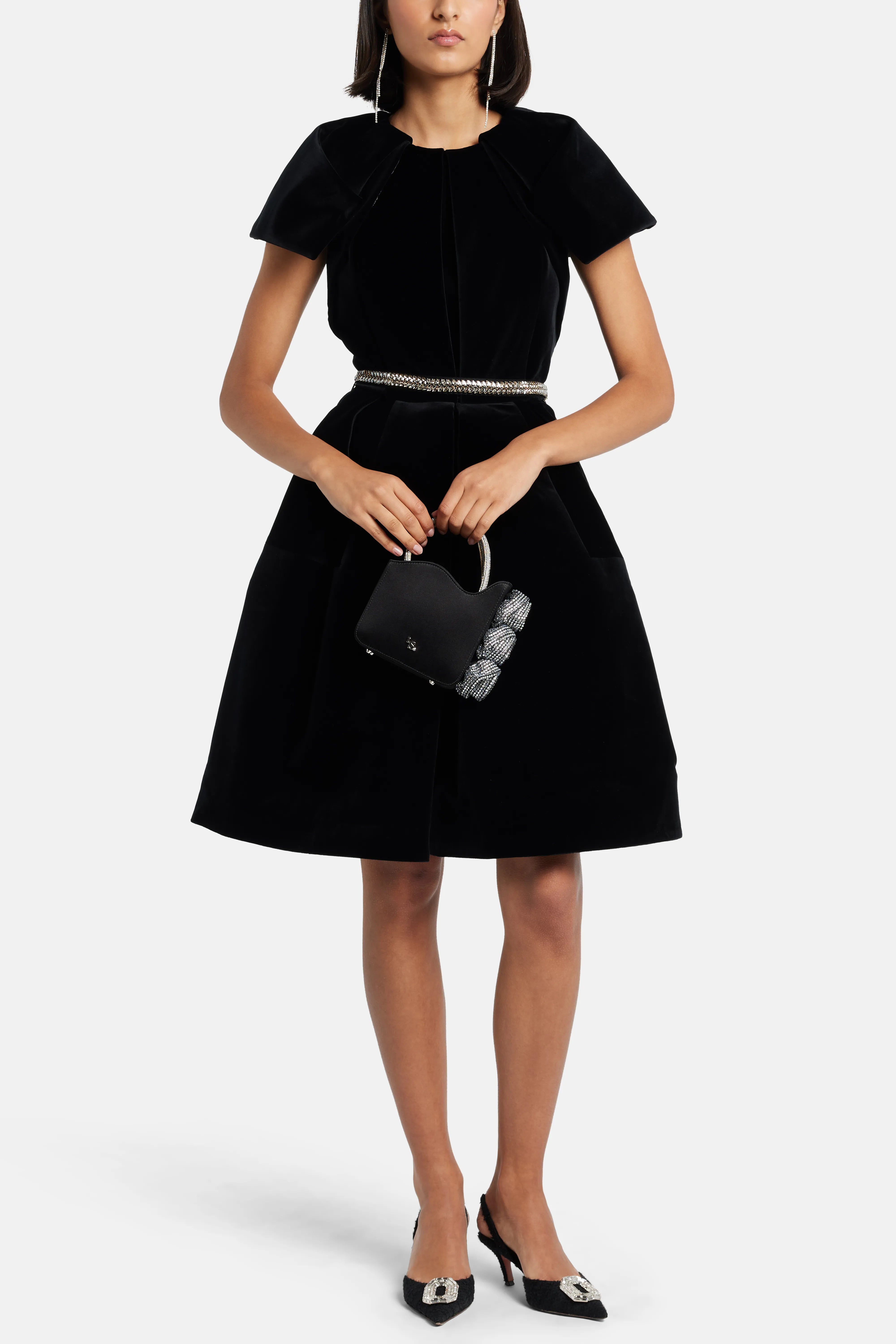 Velvet Mini Dress in Black with Crystal Belt