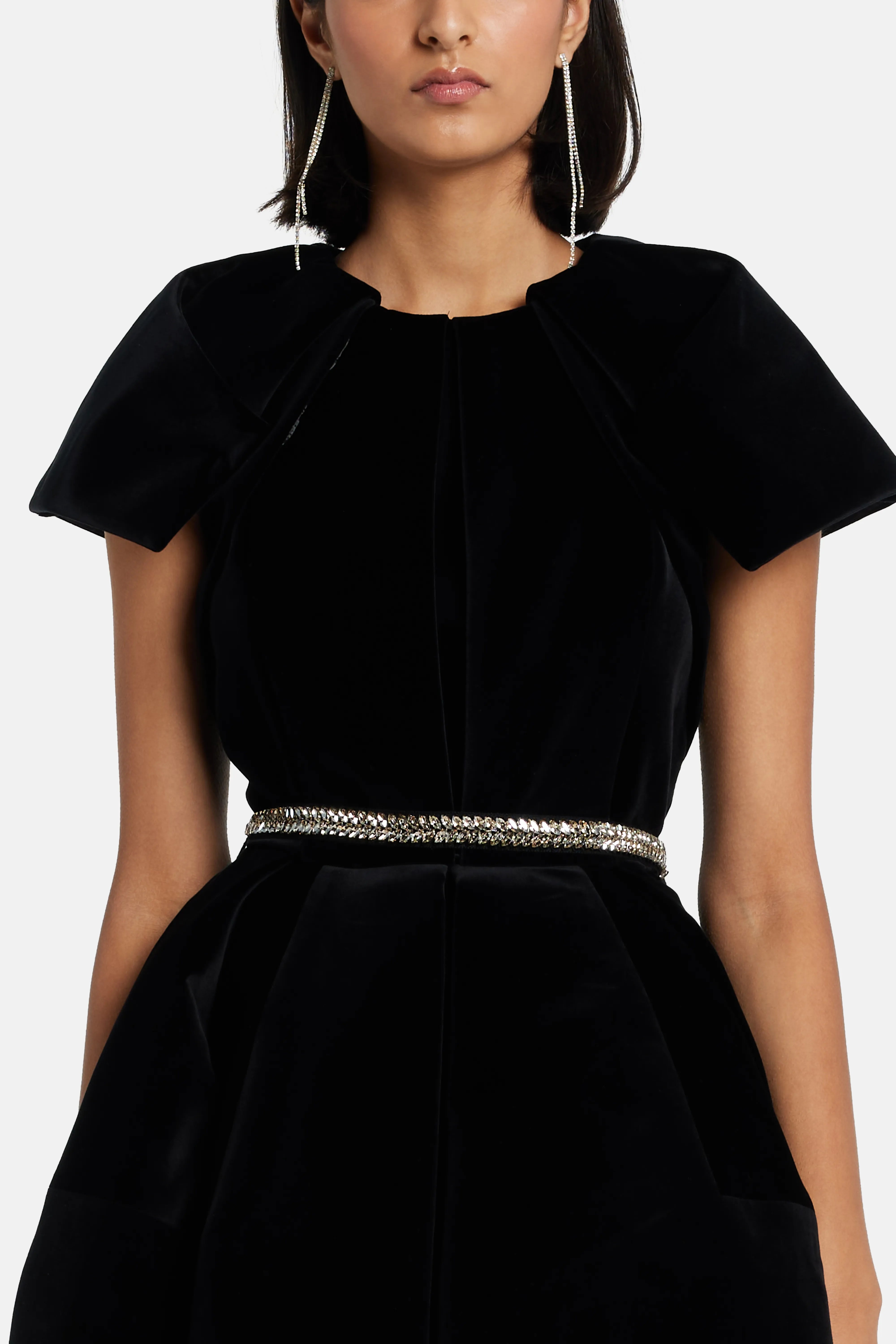 Velvet Mini Dress in Black with Crystal Belt