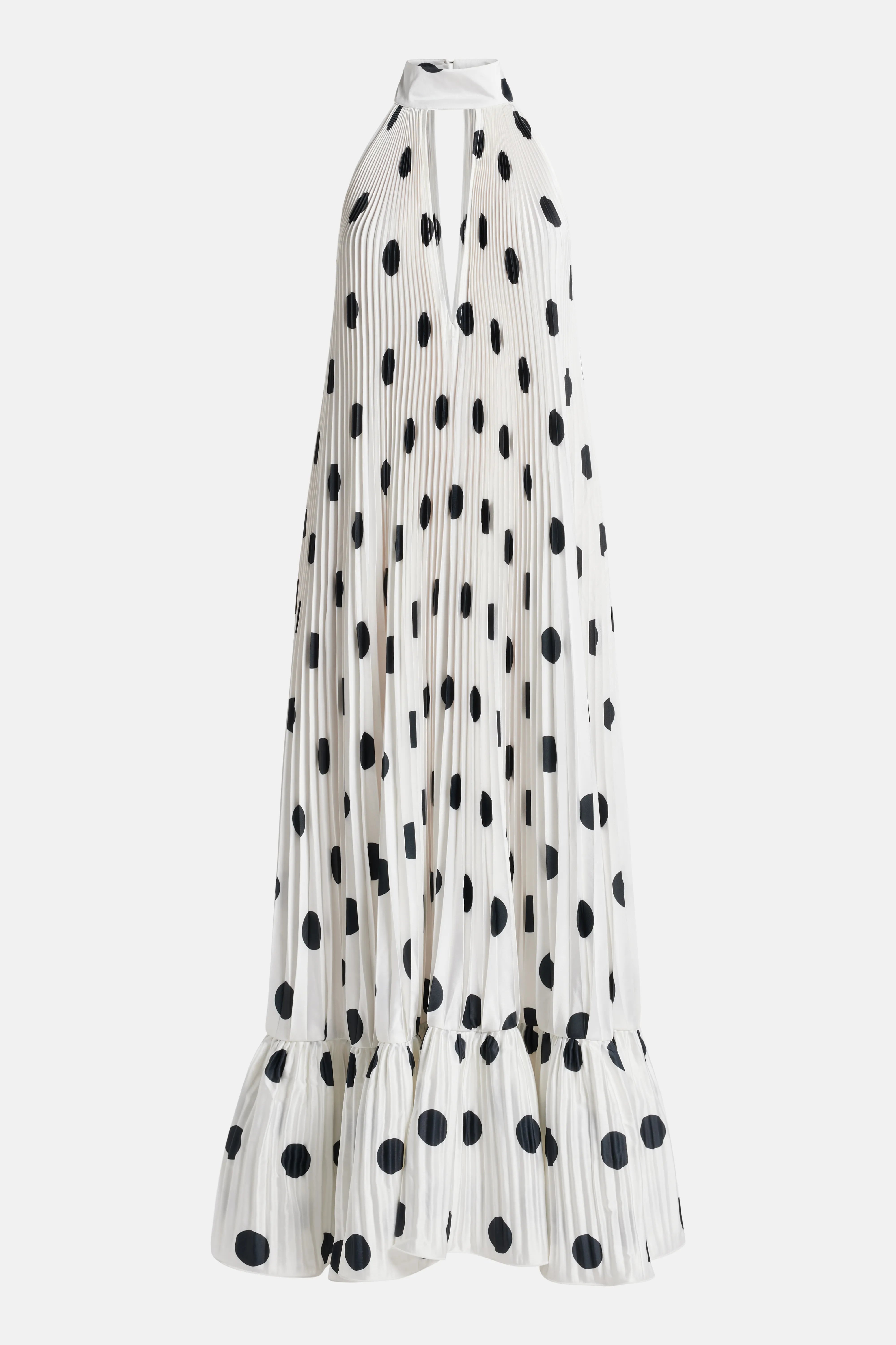 Libertie Polka Dot Sleeveless Pleated Evening Dress in White