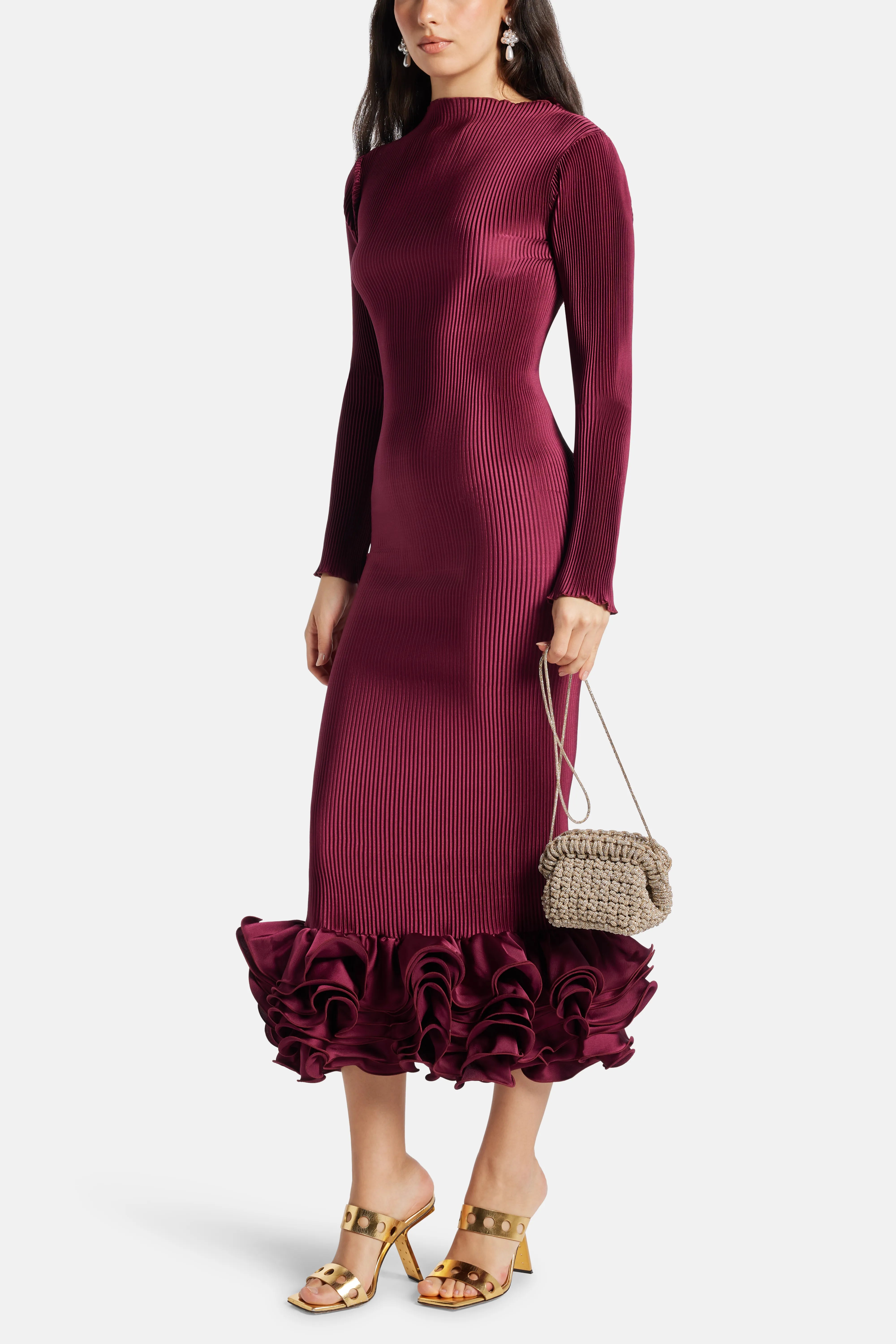 Campbell Pleated Cocktail Evening Dress in Burgundy