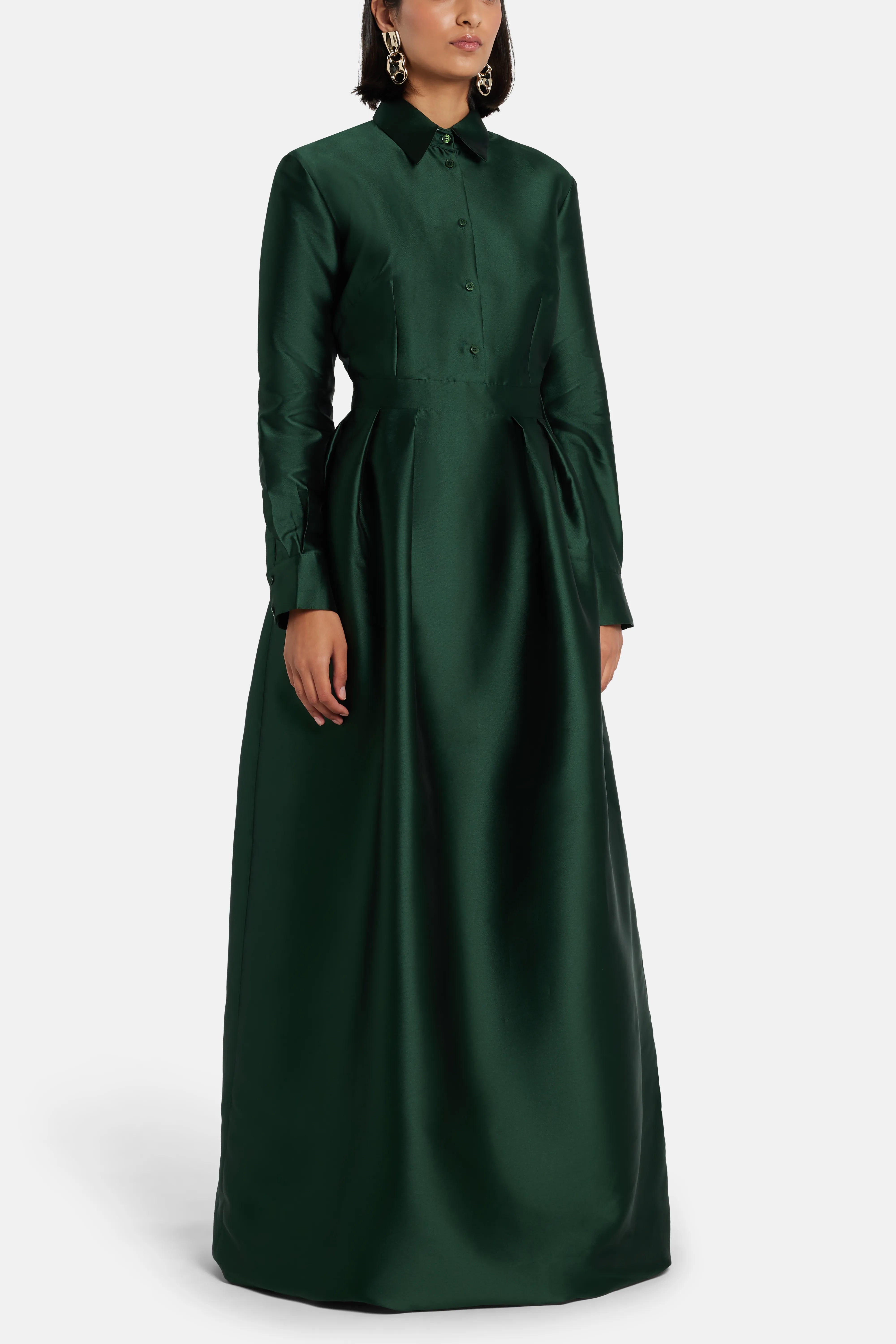 فستان سهرة قميص "Trompe Loeil" باللون الأخضر مع فتحة أزرار