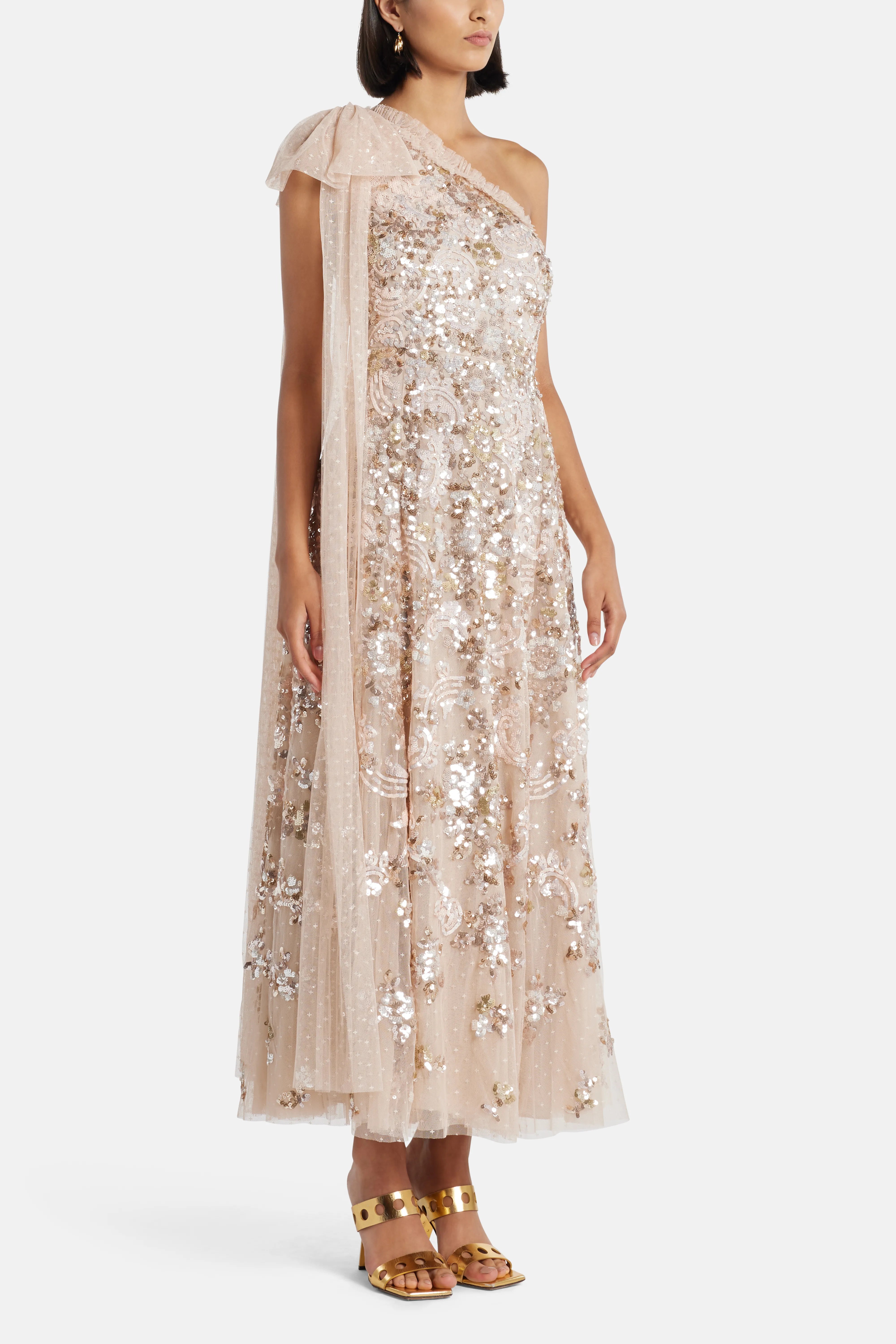 Baroque Floral One Shoulder Bow Evening Dress in Beige