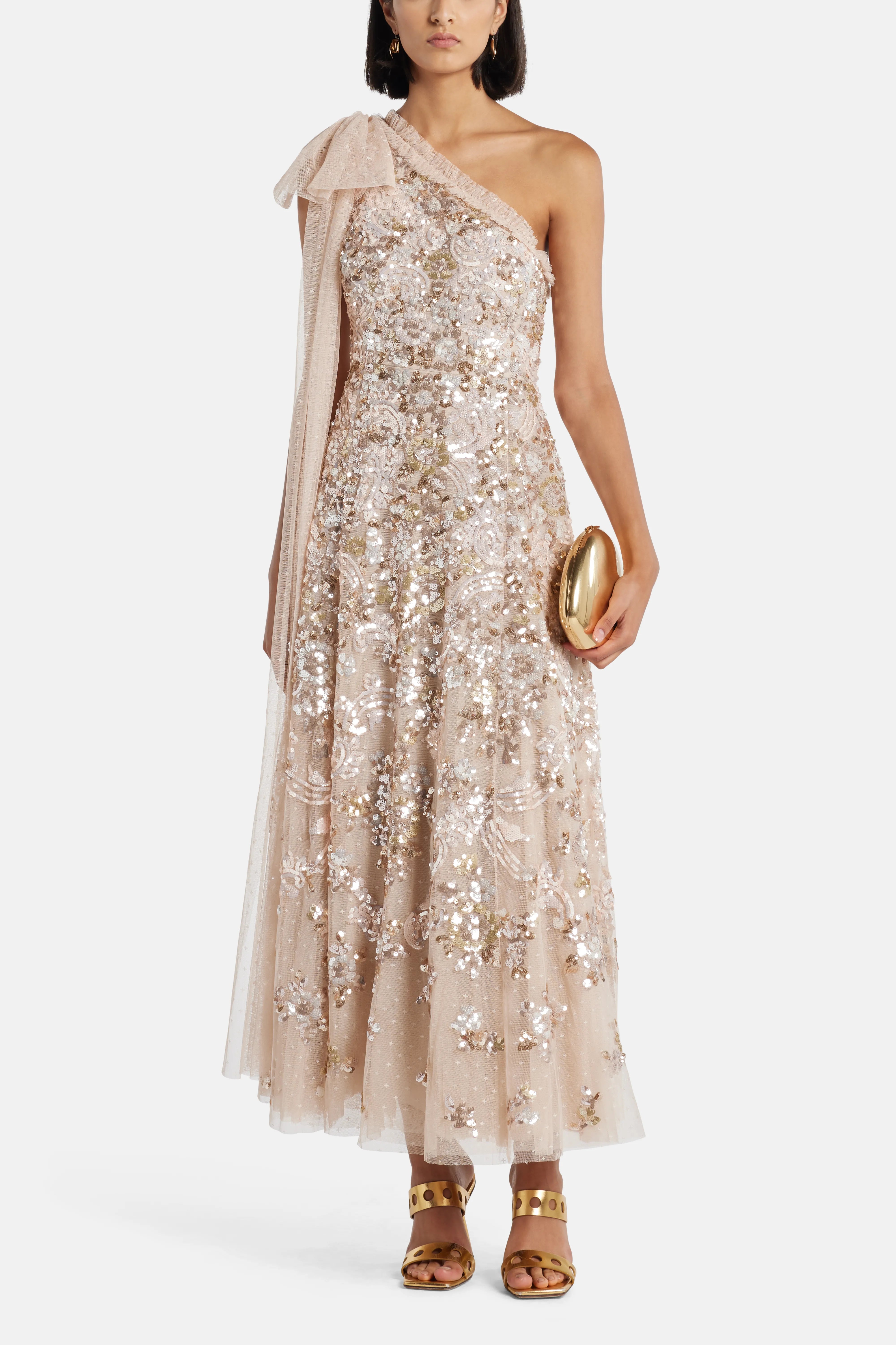 Baroque Floral One Shoulder Bow Evening Dress in Beige