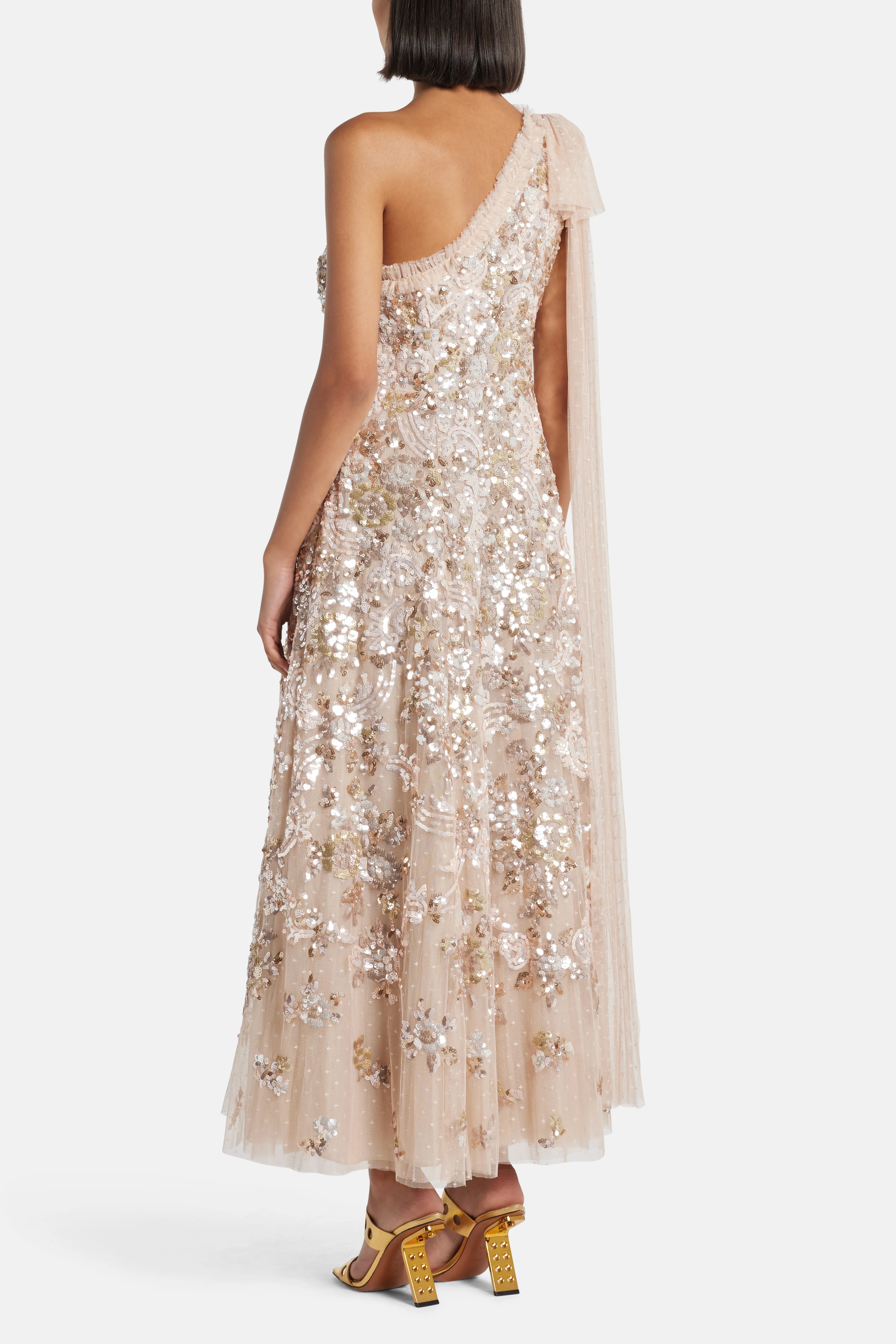 Baroque Floral One Shoulder Bow Evening Dress in Beige