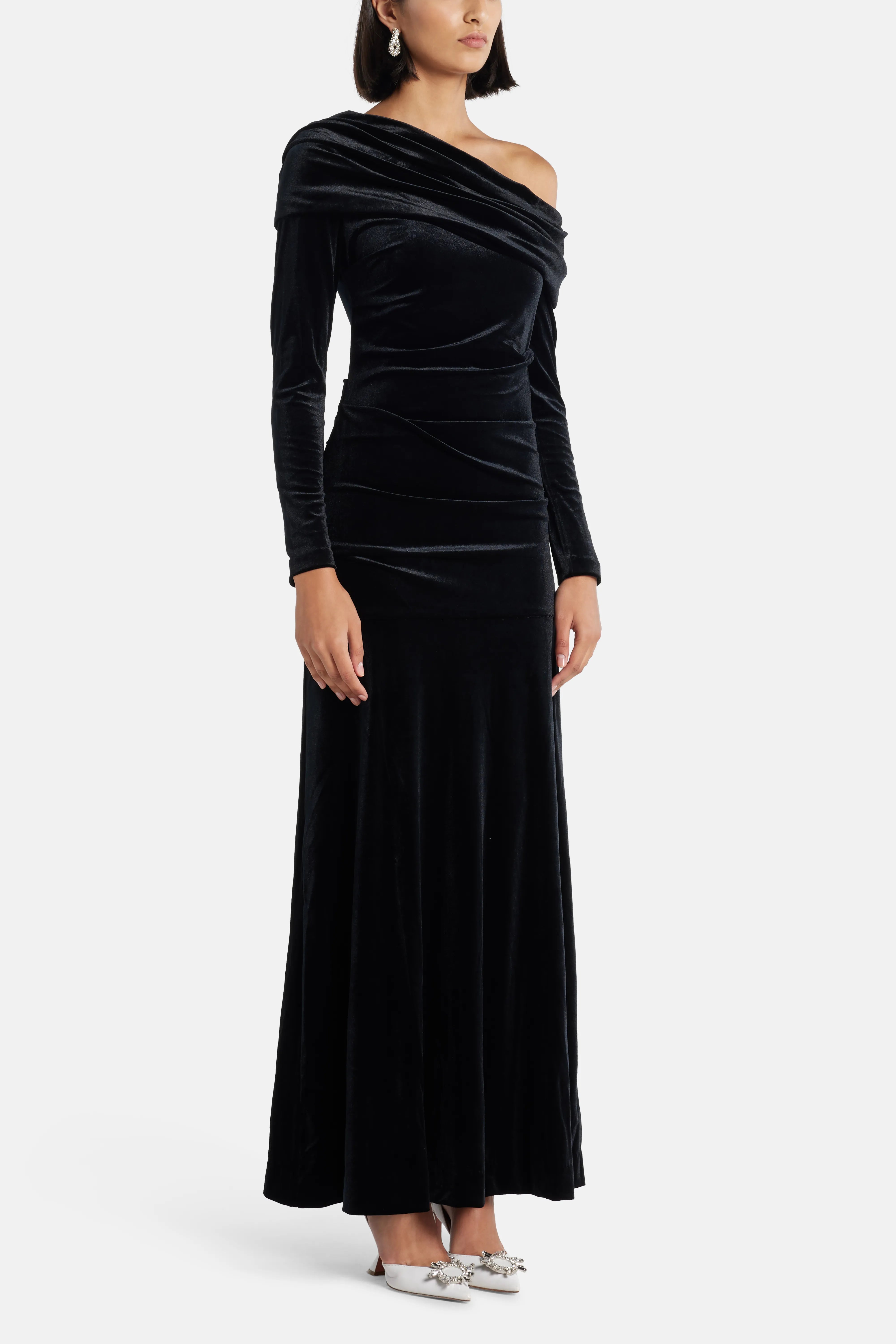 Nova One Shoulder Velvet Evening Dress in Black