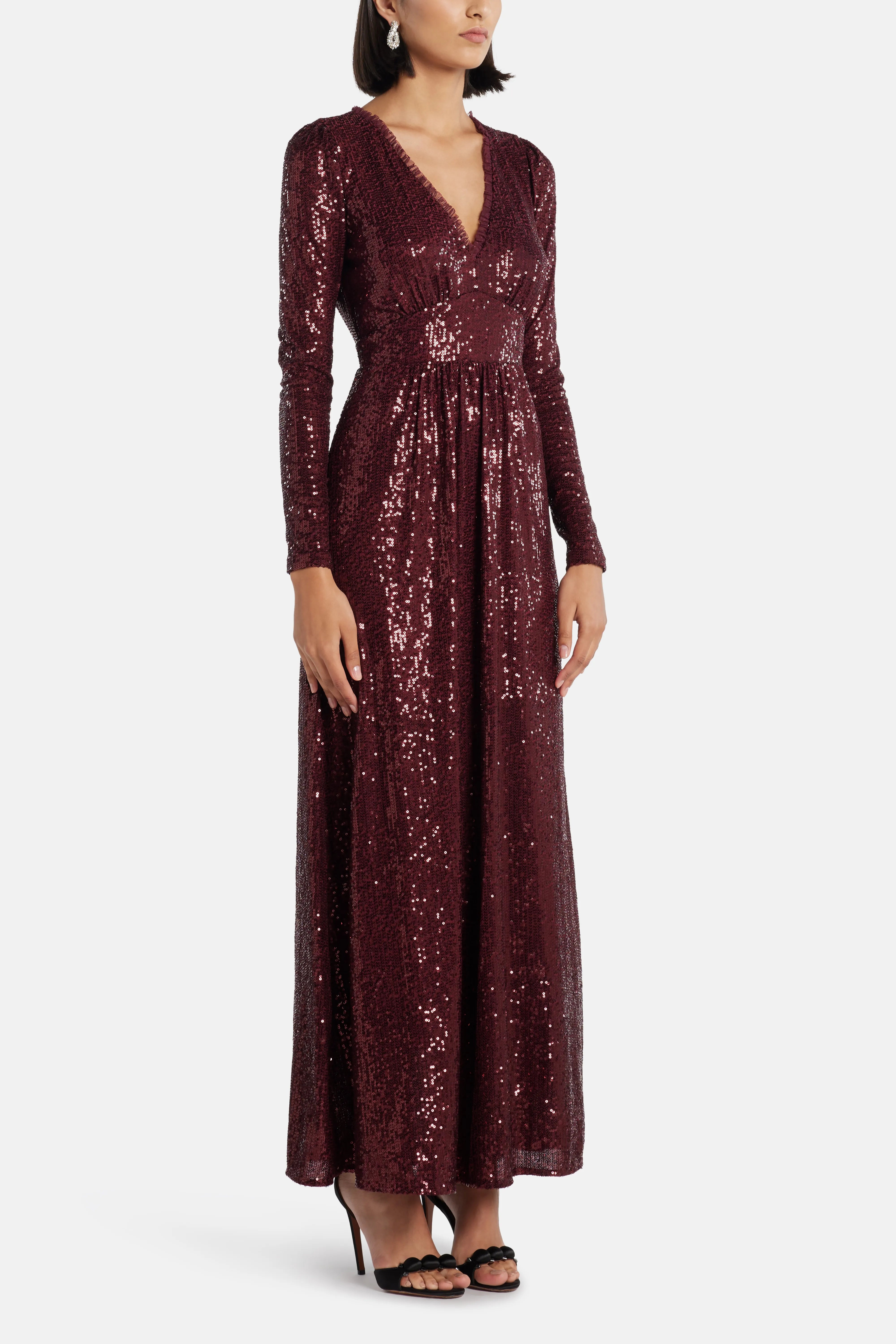 Chelsea V Neck Sequin Evening Dress in Maroon
