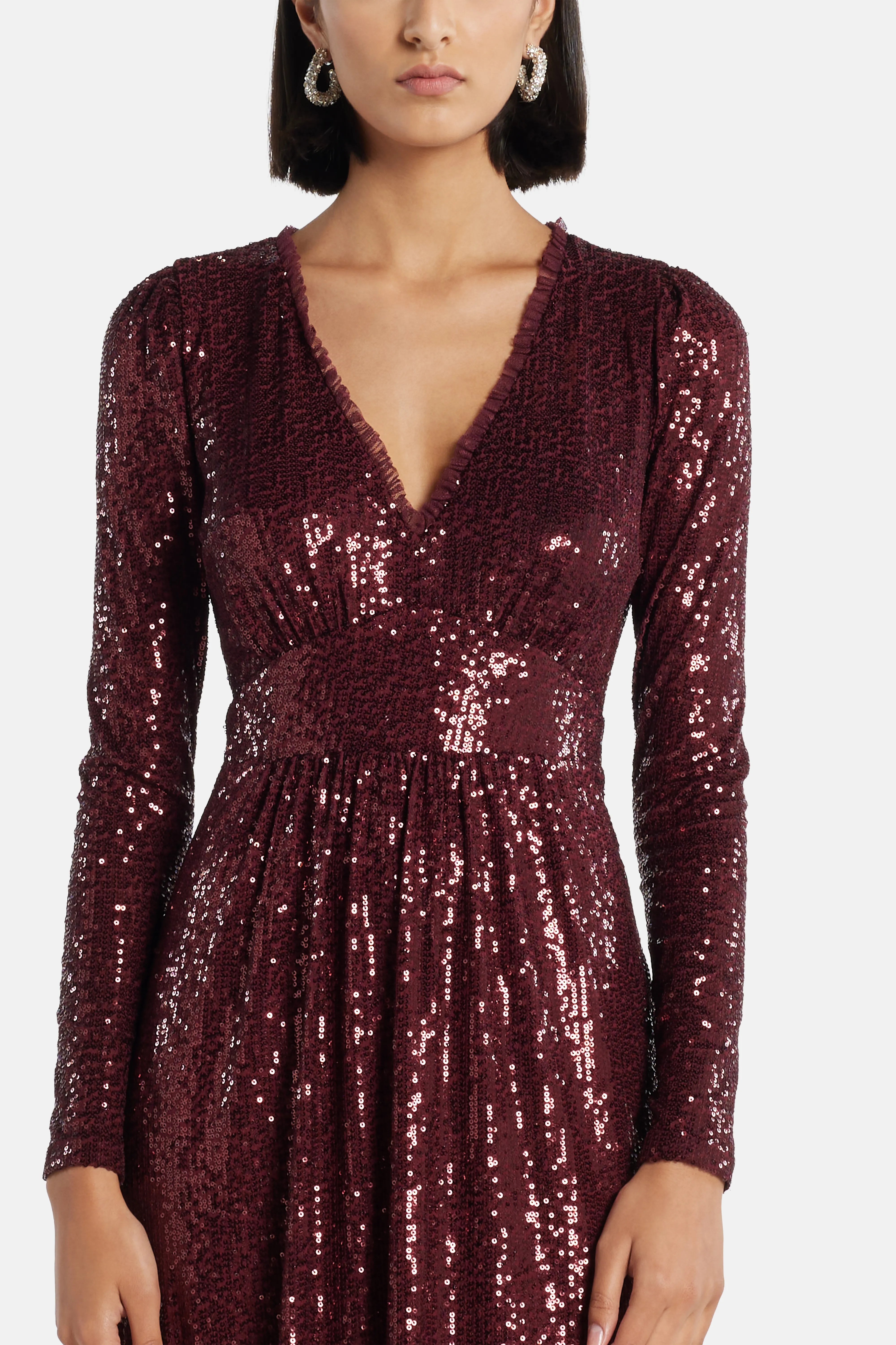 Chelsea V Neck Sequin Evening Dress in Maroon