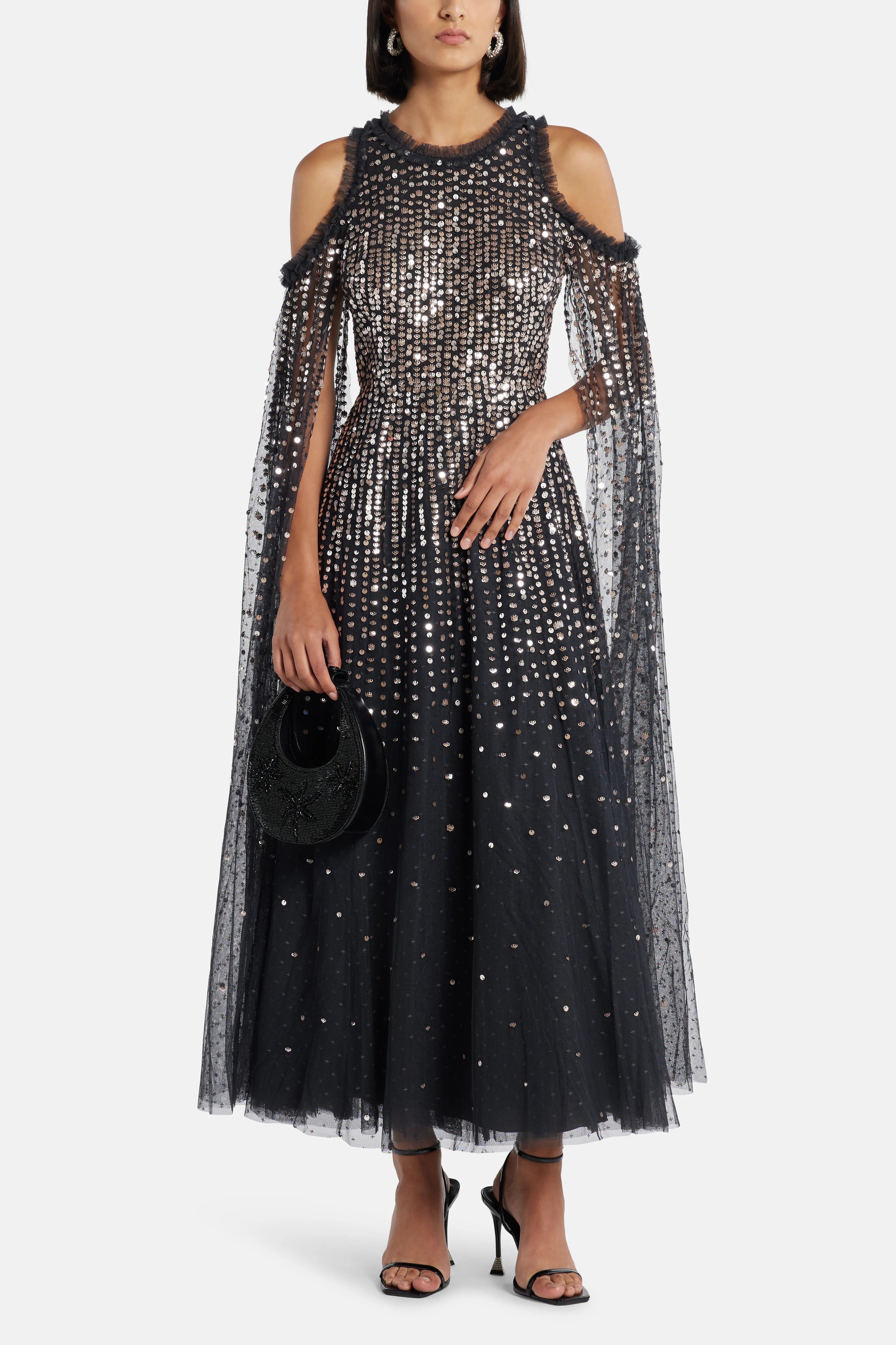 Moonlight Sequin Cape Sleeve Evening Dress in Black