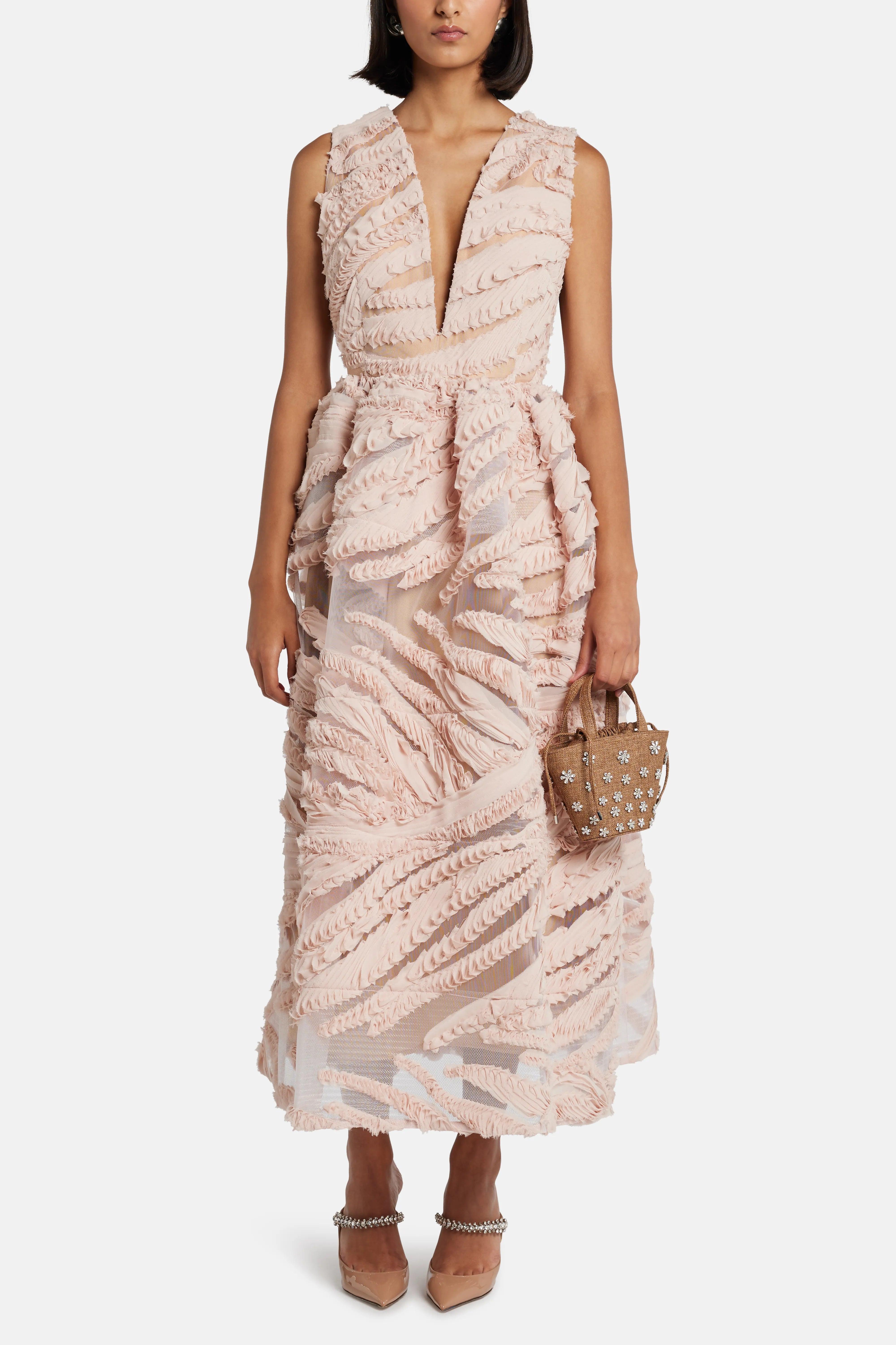 فستان ميدي برينيا برقبة على شكل V باللون الوردي