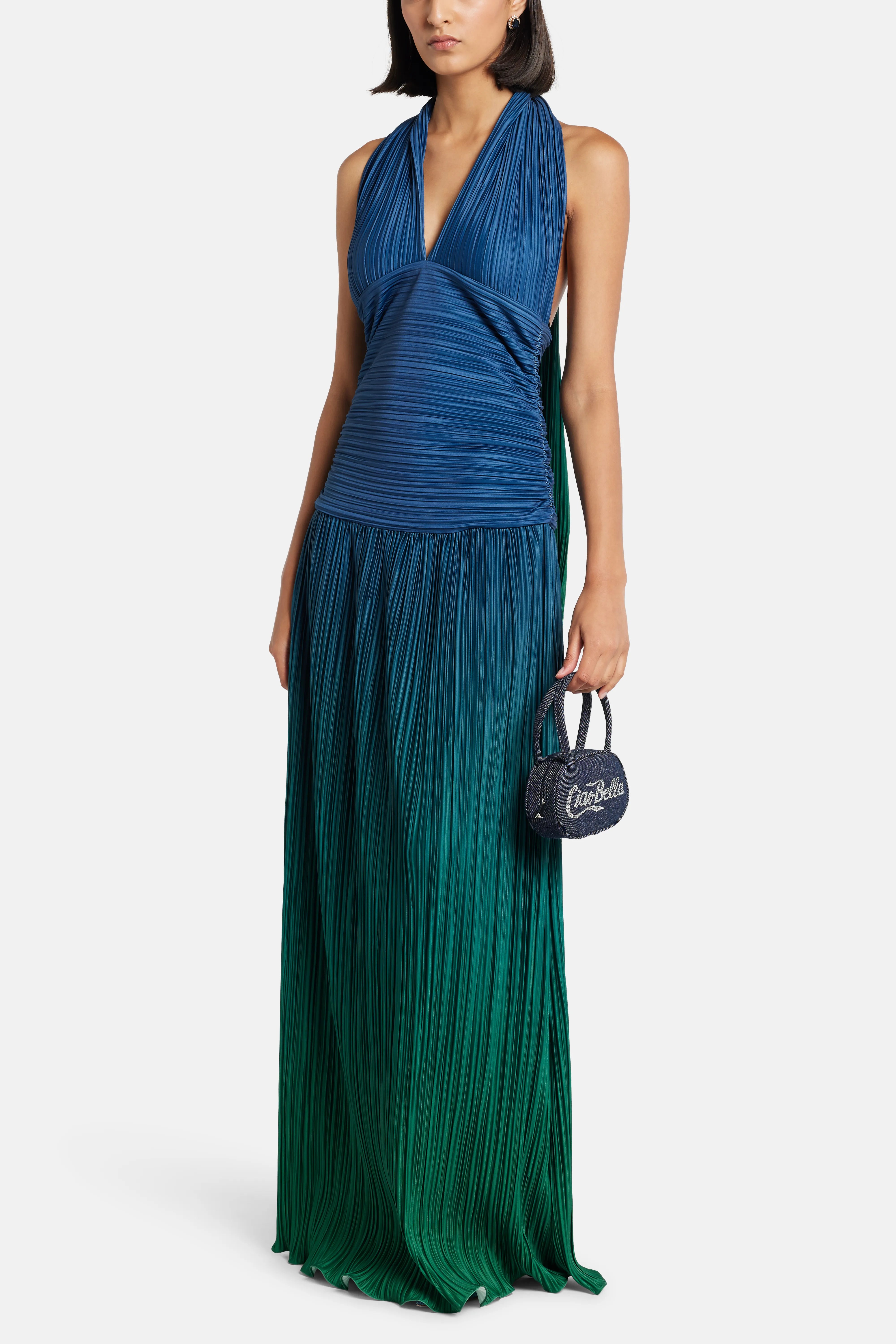 فستان ماكسي بطية صدر على شكل V بلون أخضر وأزرق