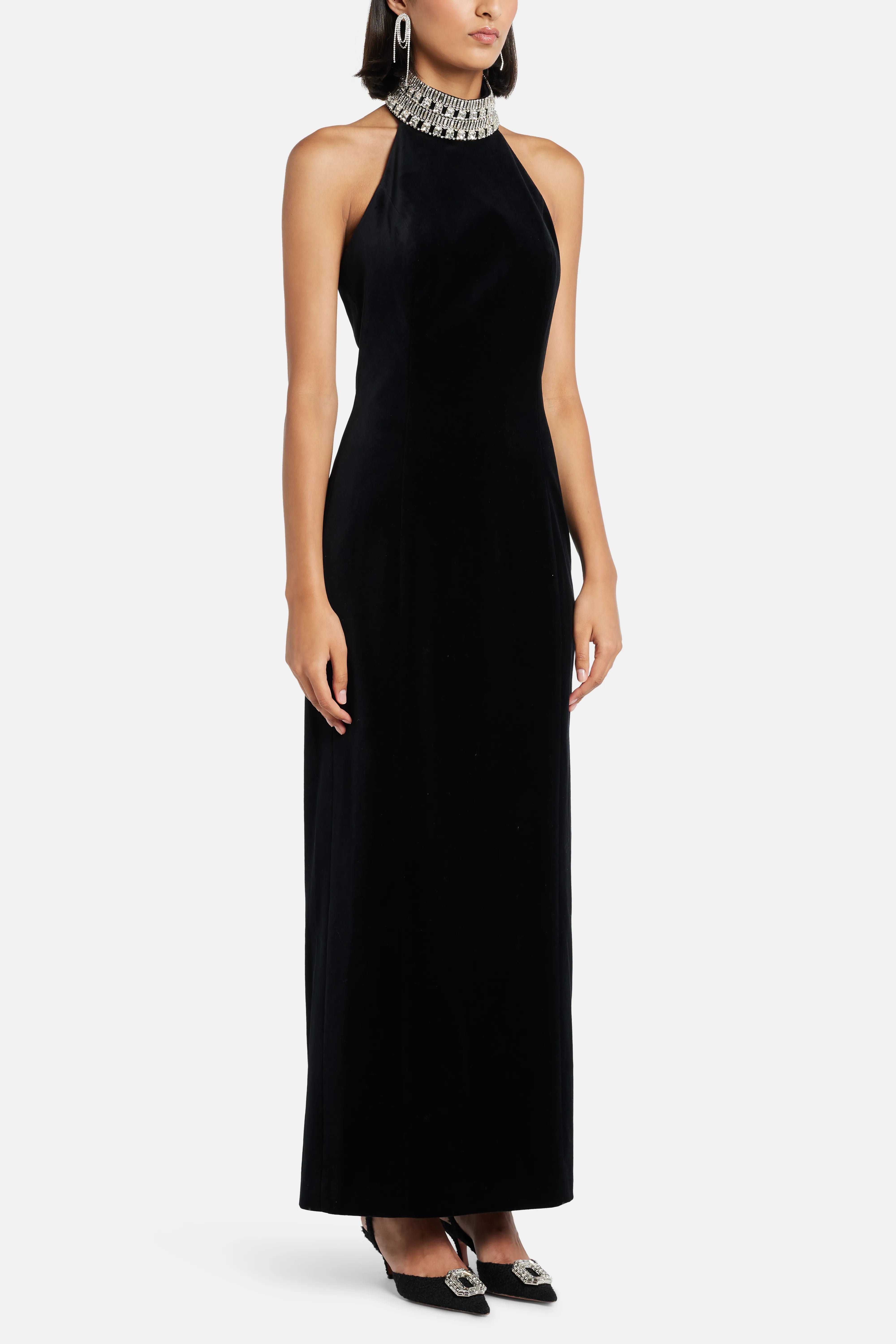 Divina Halter Neck Velvet Evening Dress in Black