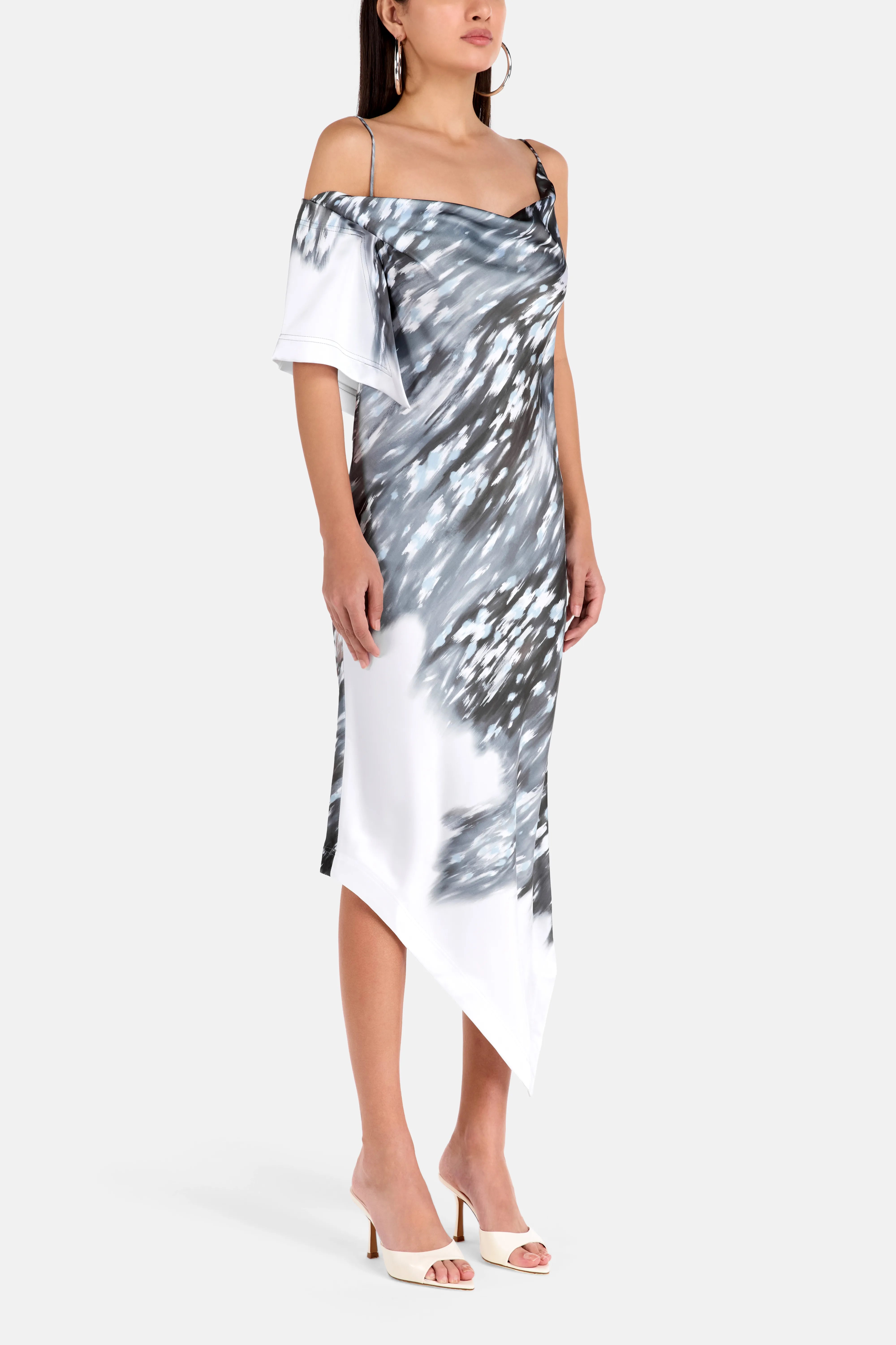 Veliori One Shoulder Patterned Lace Midi Dress in Grey