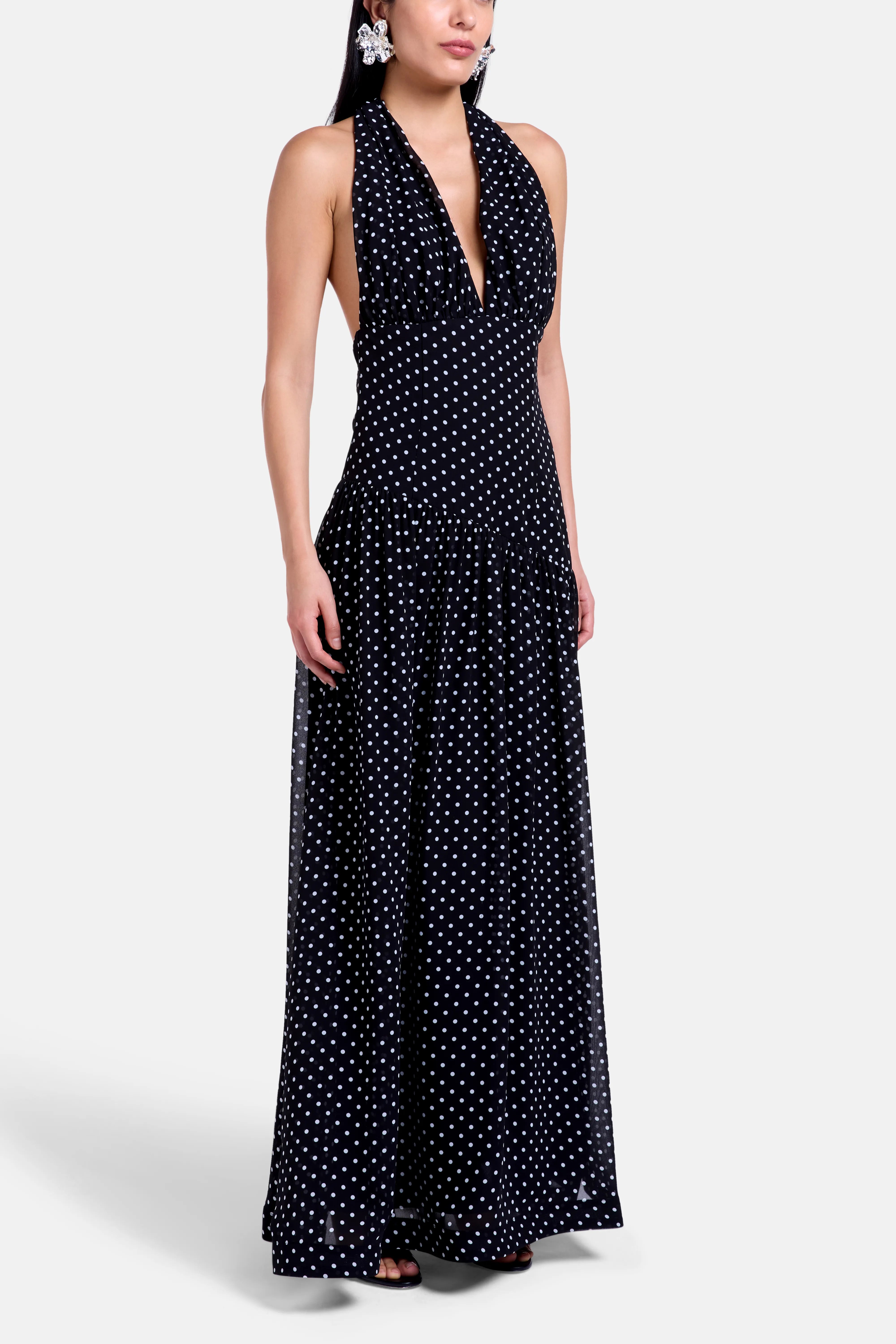 Grace Polka Dot Deep Neck Maxi Dress In Black With Scarf