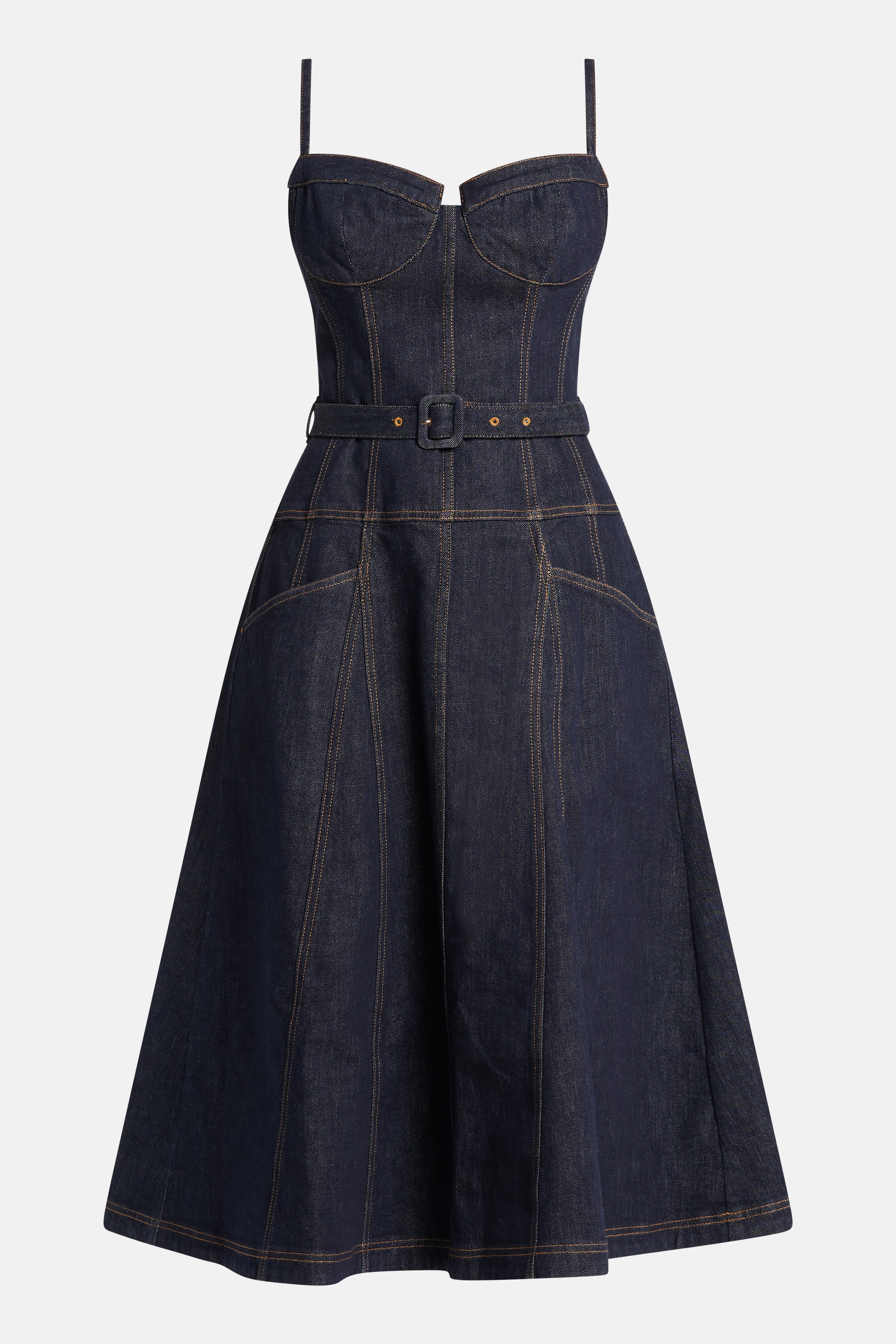 فستان قطني متوسط الطول بدون أكمام وواسع من الدنيم الأزرق